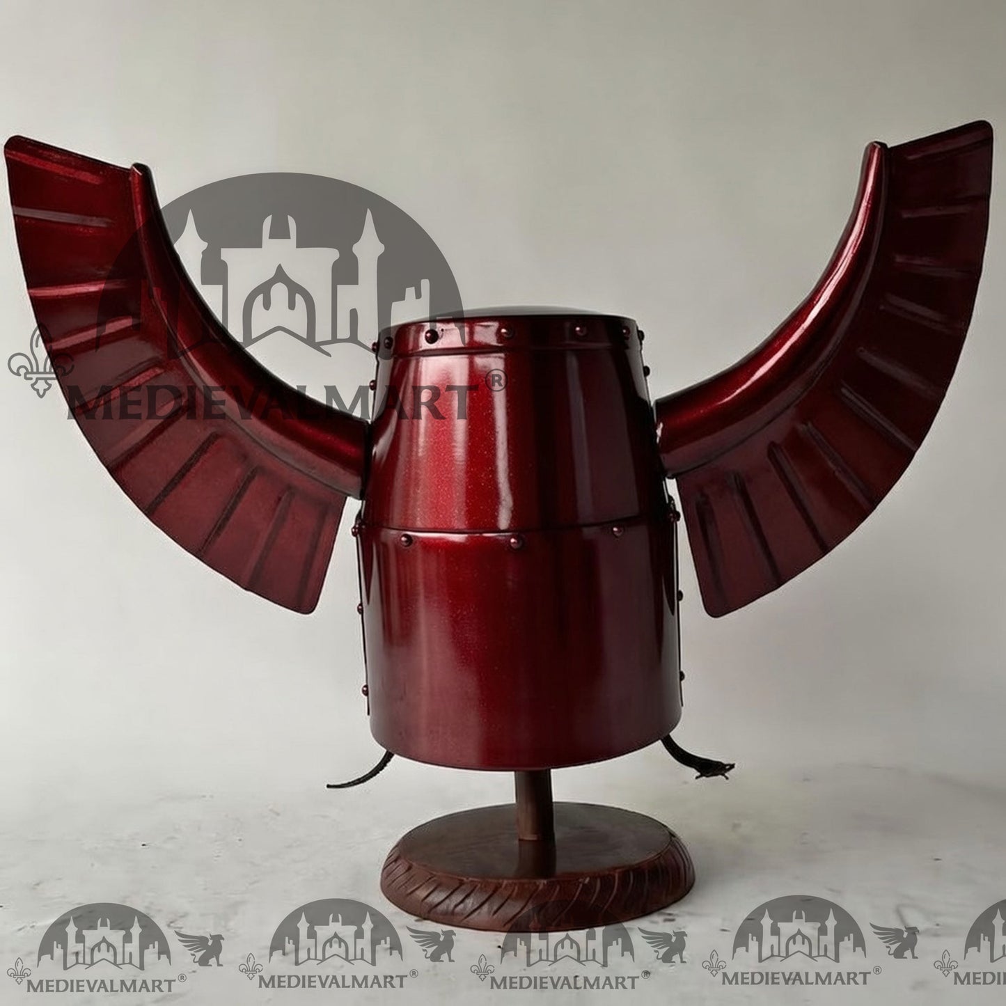MEDIEVALMART Medieval Templar Warrior Teutonic Maroon Red Finish Wing Helmet with Free Stand