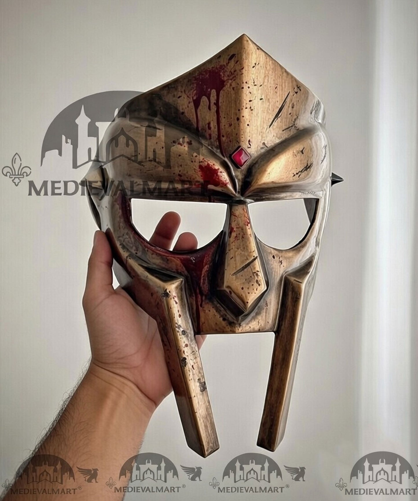 MEDIEVALMART PREMIUM MF DOOM Mask Mad Villain Battle Damage Bronze Finish Steel Face Armor