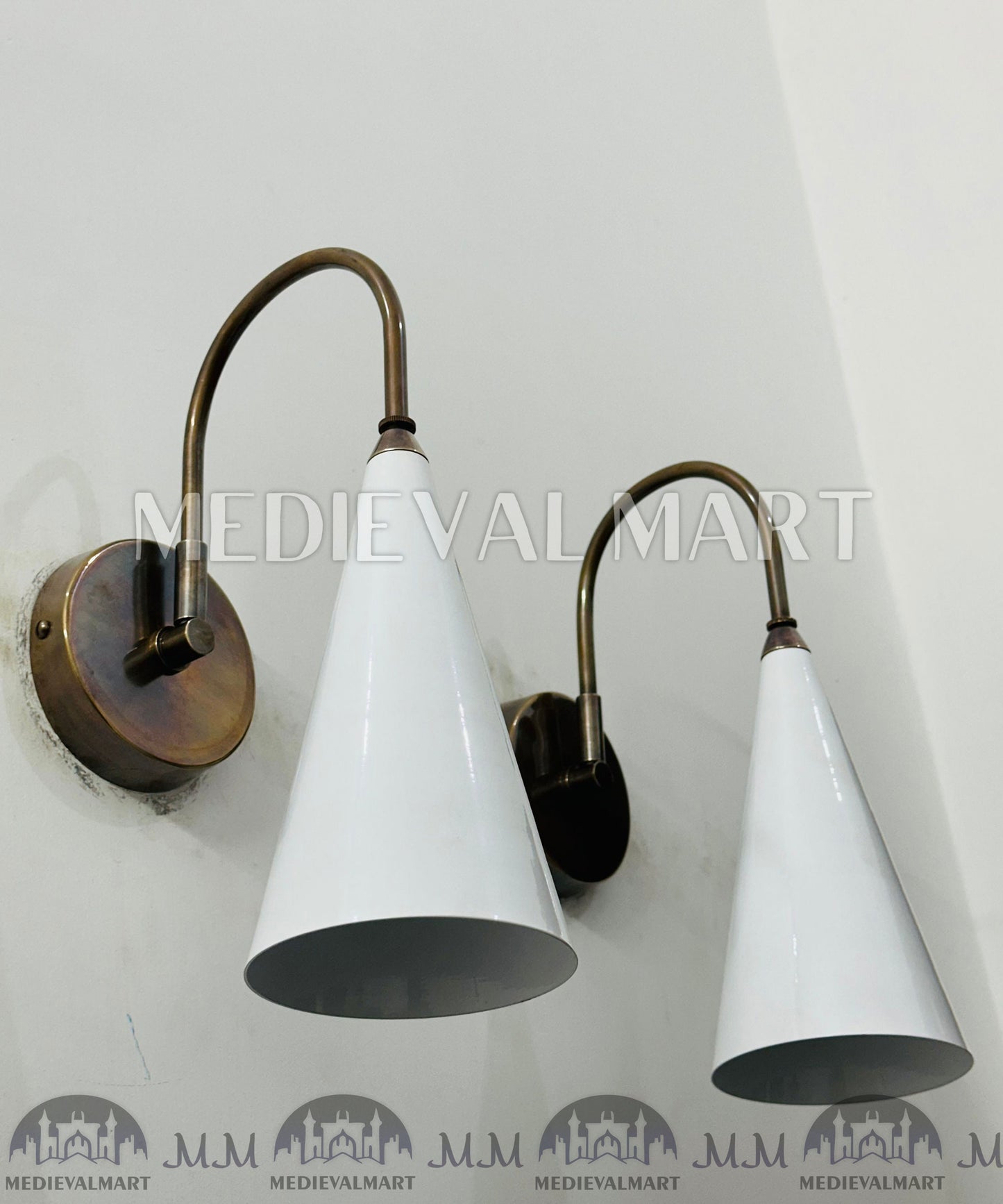 MEDIEVALMART Brass Wall Sconce: Mid Century White Cone Lamp, Adjustable Diabolo Light