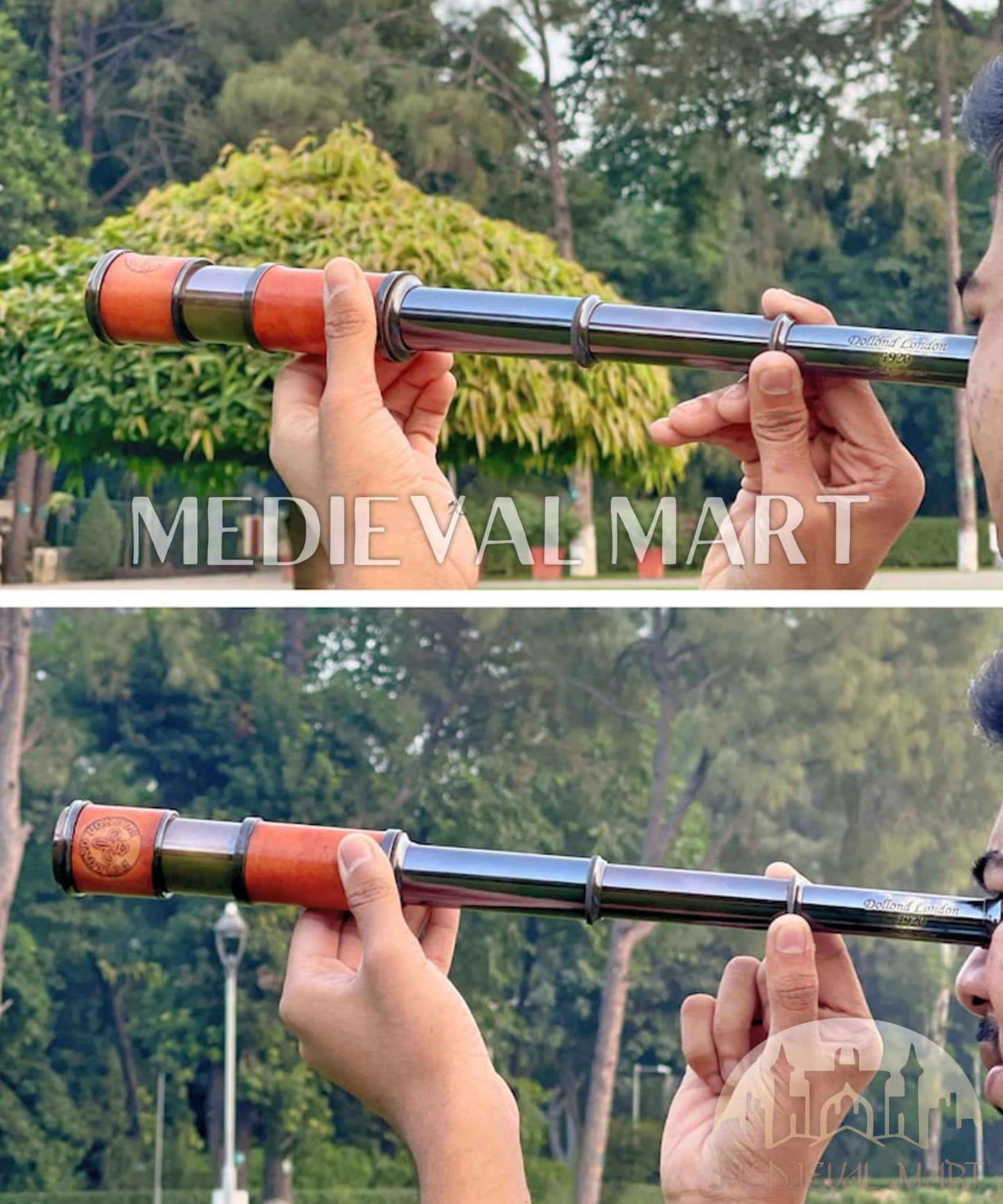 MEDIEVALMART Nautical Spyglass Antique Brass Engraved Telescope W/H Red Leather Case