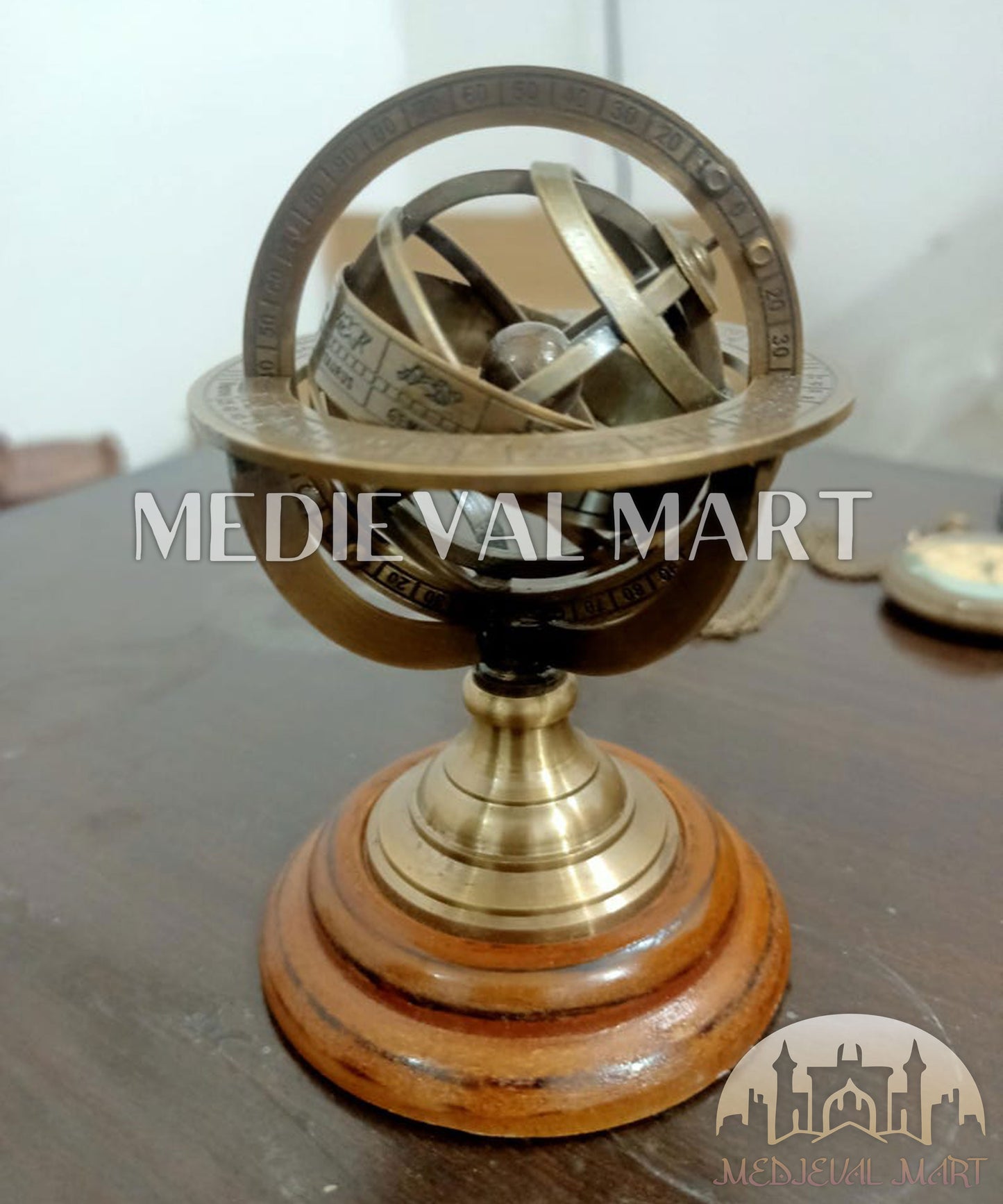 MEDIEVALMART Anitque Brass Armillary Sphere on Wooden Base: Nautical Home Decor Gift for Christmas