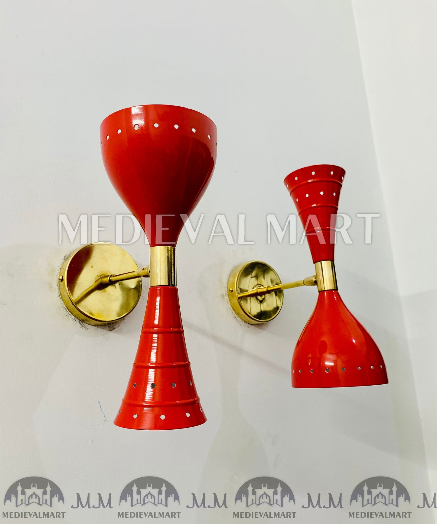 MEDIEVALMART Mid Century Brass Diabolo Wall Sconce Pair: Italian Stilnovo Style