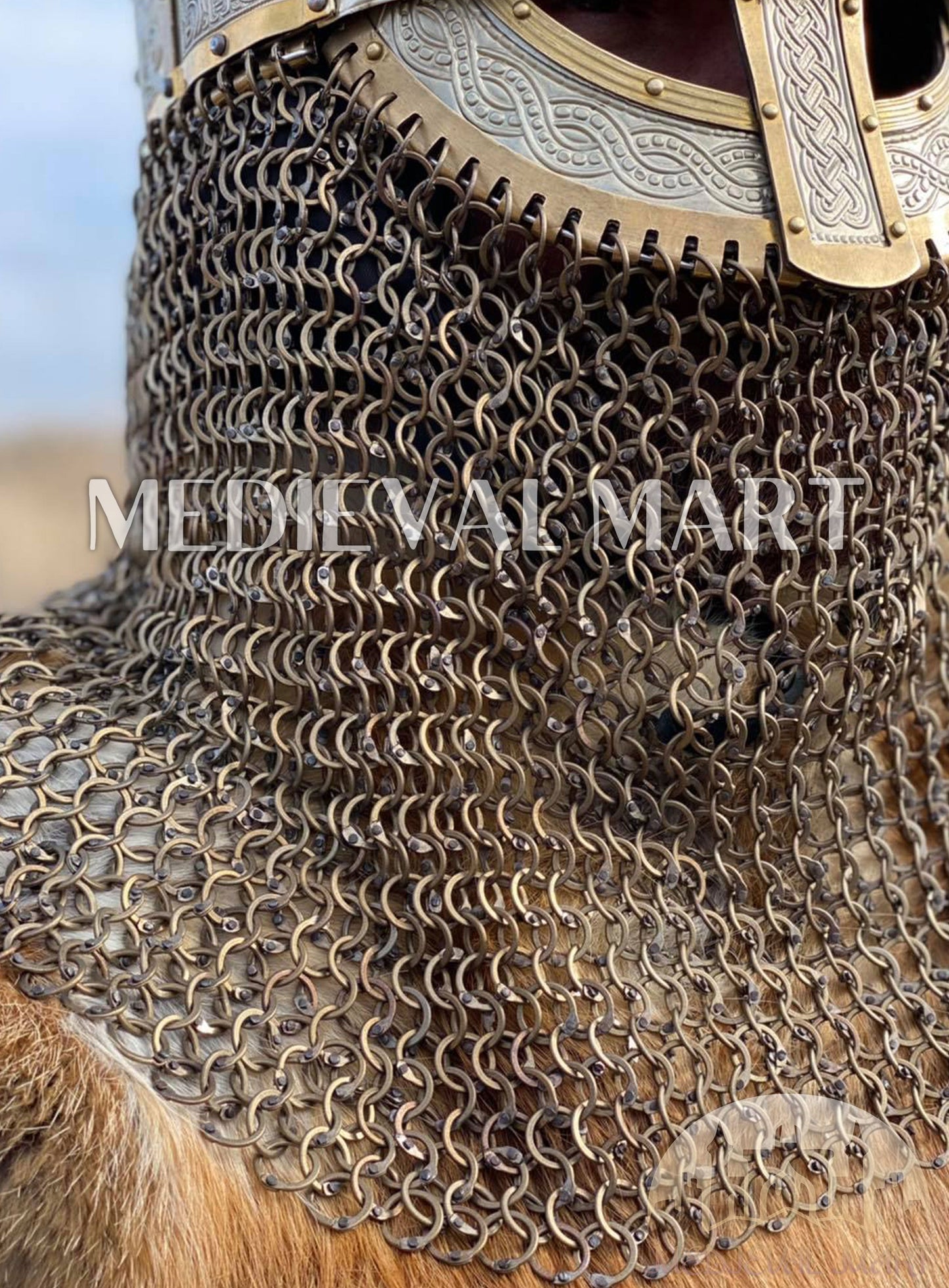 MEDIEVALMART Medieval Viking Vendel Period Broa Helmet with Brass Decoration & Titanium Chainmail