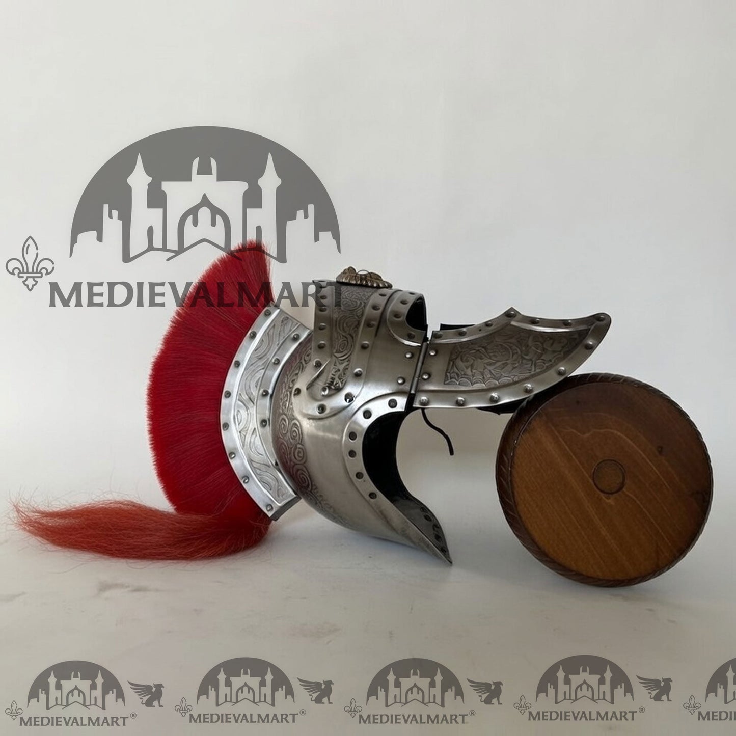 MEDIEVALMART Medieval Roman Centurion Silver Finish Helmet with Red Plume or Free Wooden Stand