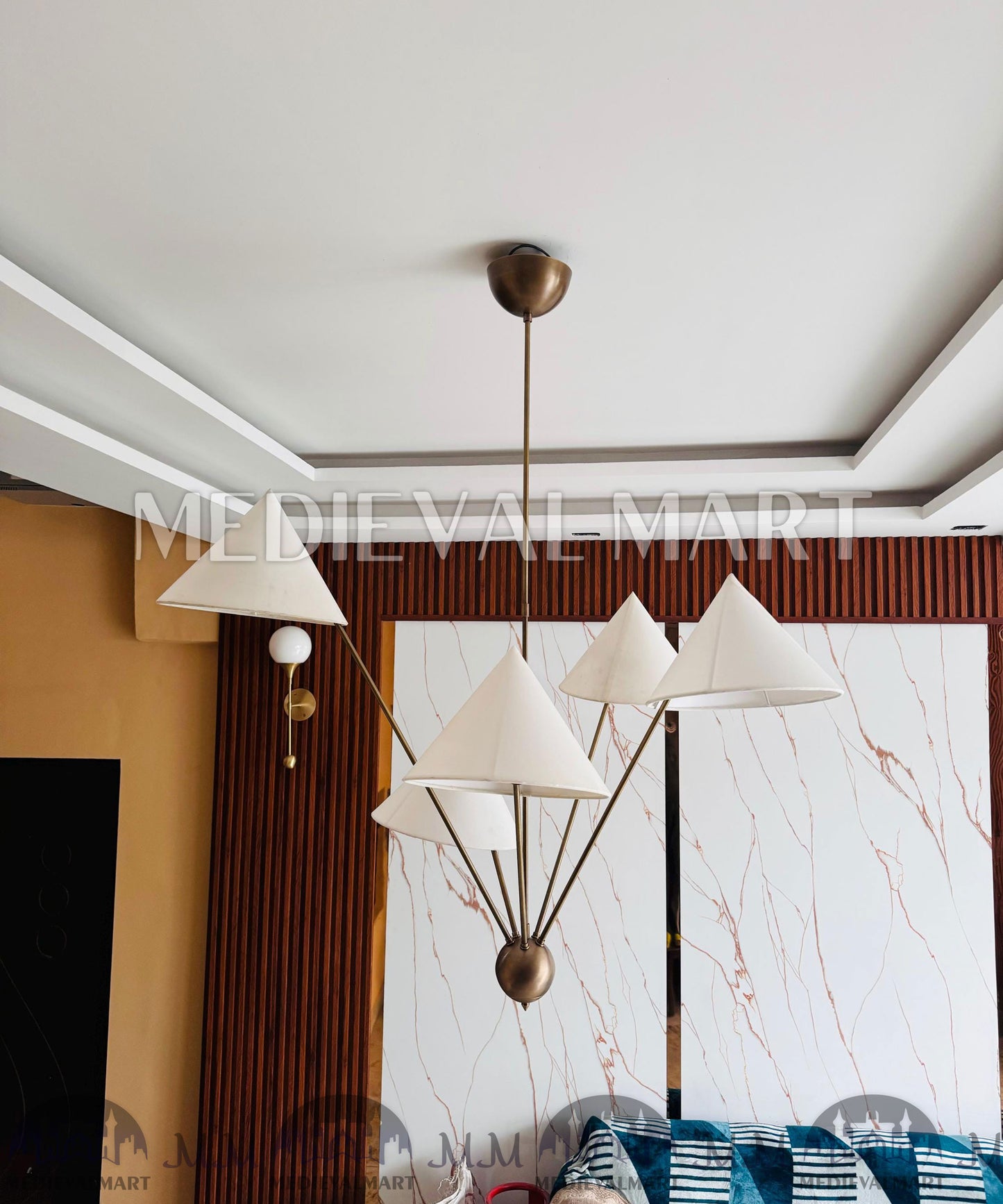 MEDIEVALMART Hand Crafted Brass Sputnik Chandelier with Linen Shades | Modern 5 Arm Chandelier Light Fixture