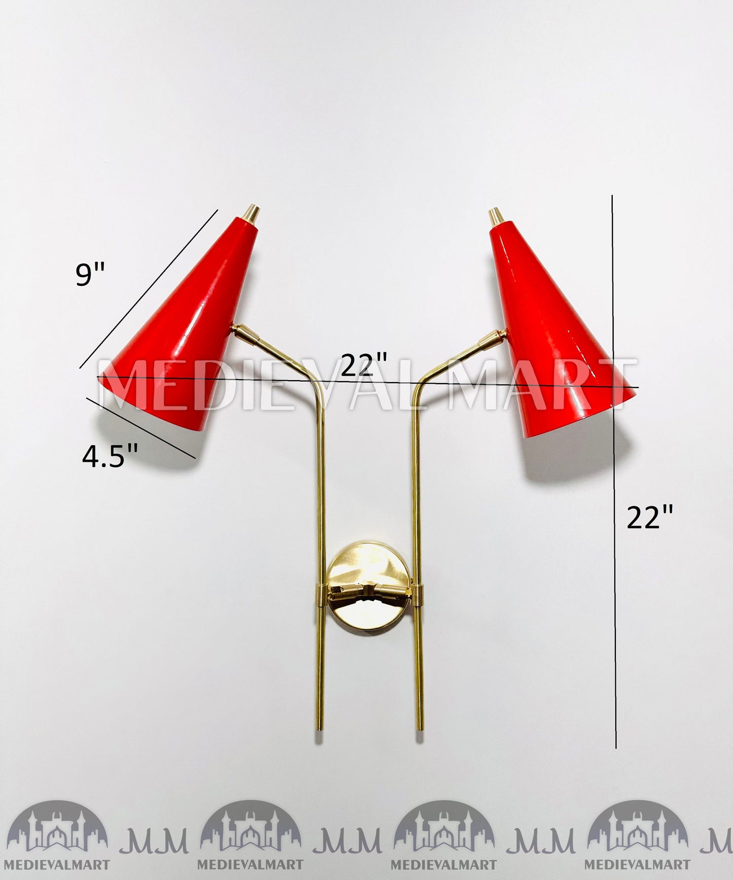 MEDIEVALMART 1900s Red Cone Brass Wall Sconce: Mid Century Italian Diabolo Light