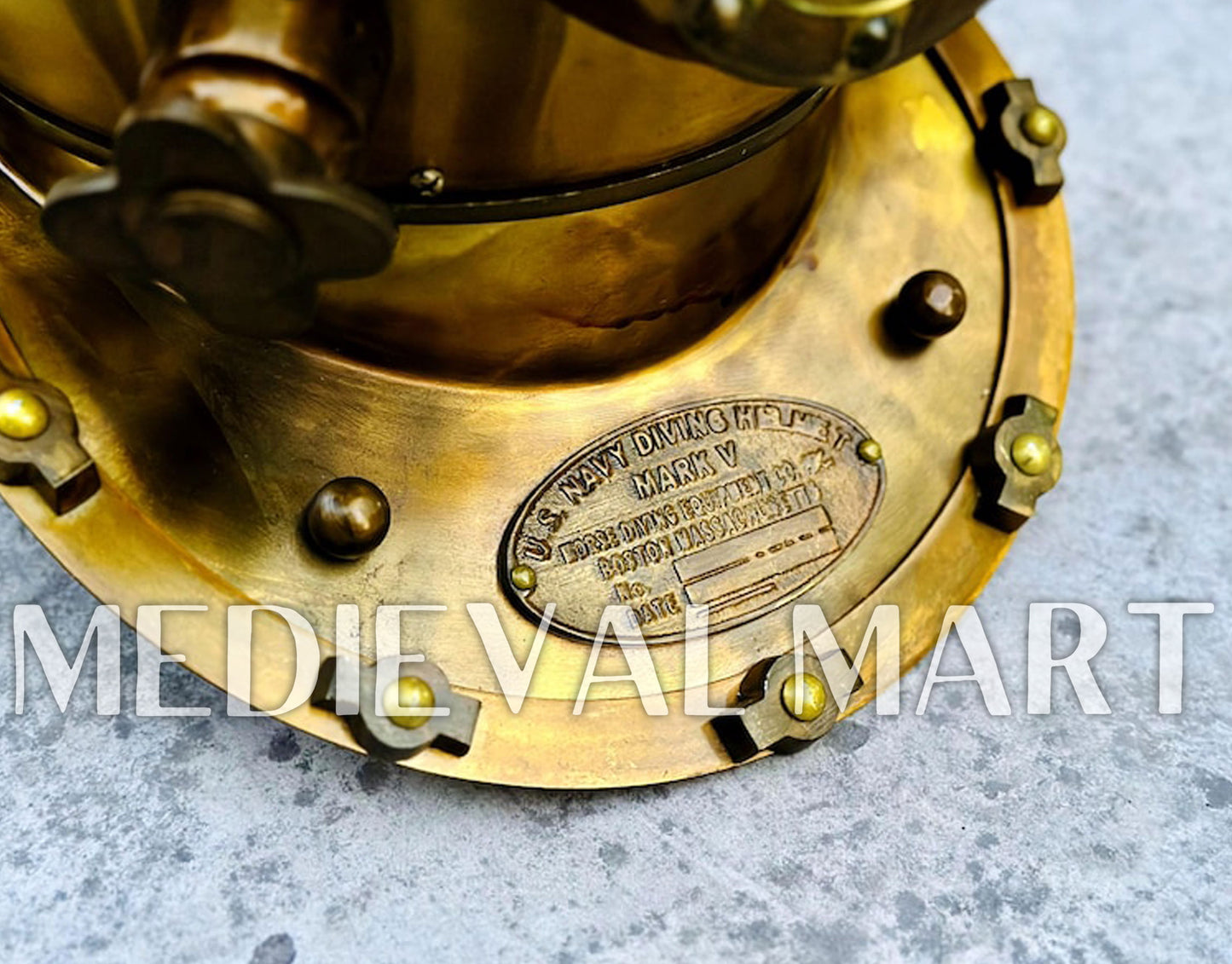 MEDIEVALMART Antique Gold Finish Diving Helmet With Wooden Base