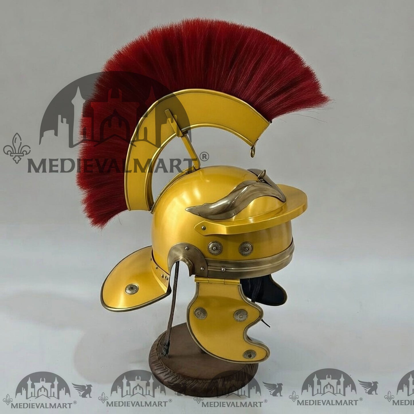 MEDIEVALMART Gallic Roman Centurion Yellow Finish Helmet Replica Red Plume with Free Stand
