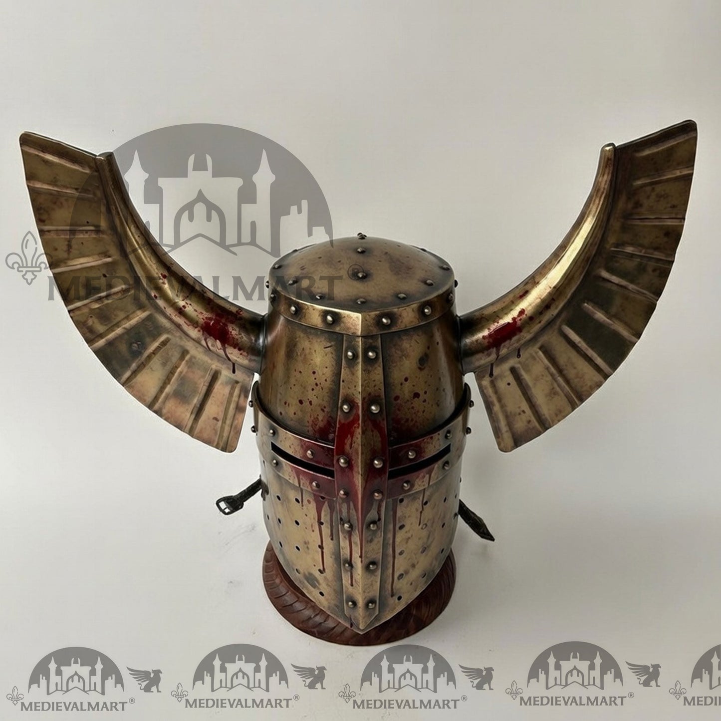 MEDIEVALMART Medieval Templar Warrior Teutonic Damage Gold W/H Blood Finish Finish Wing Helmet with Free Stand