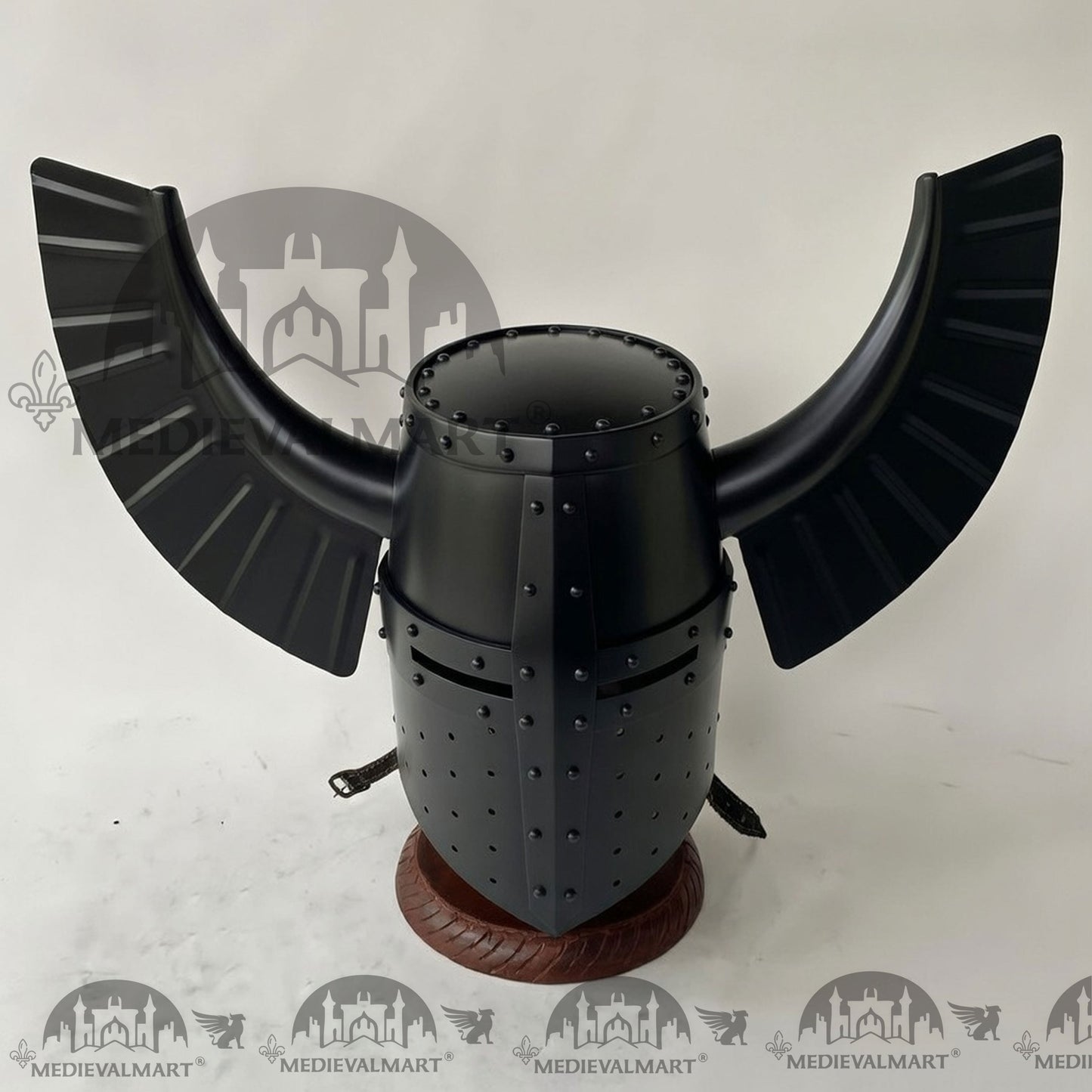 MEDIEVALMART Medieval Templar Warrior Teutonic Wing Helmet Black Finish with Free Stand