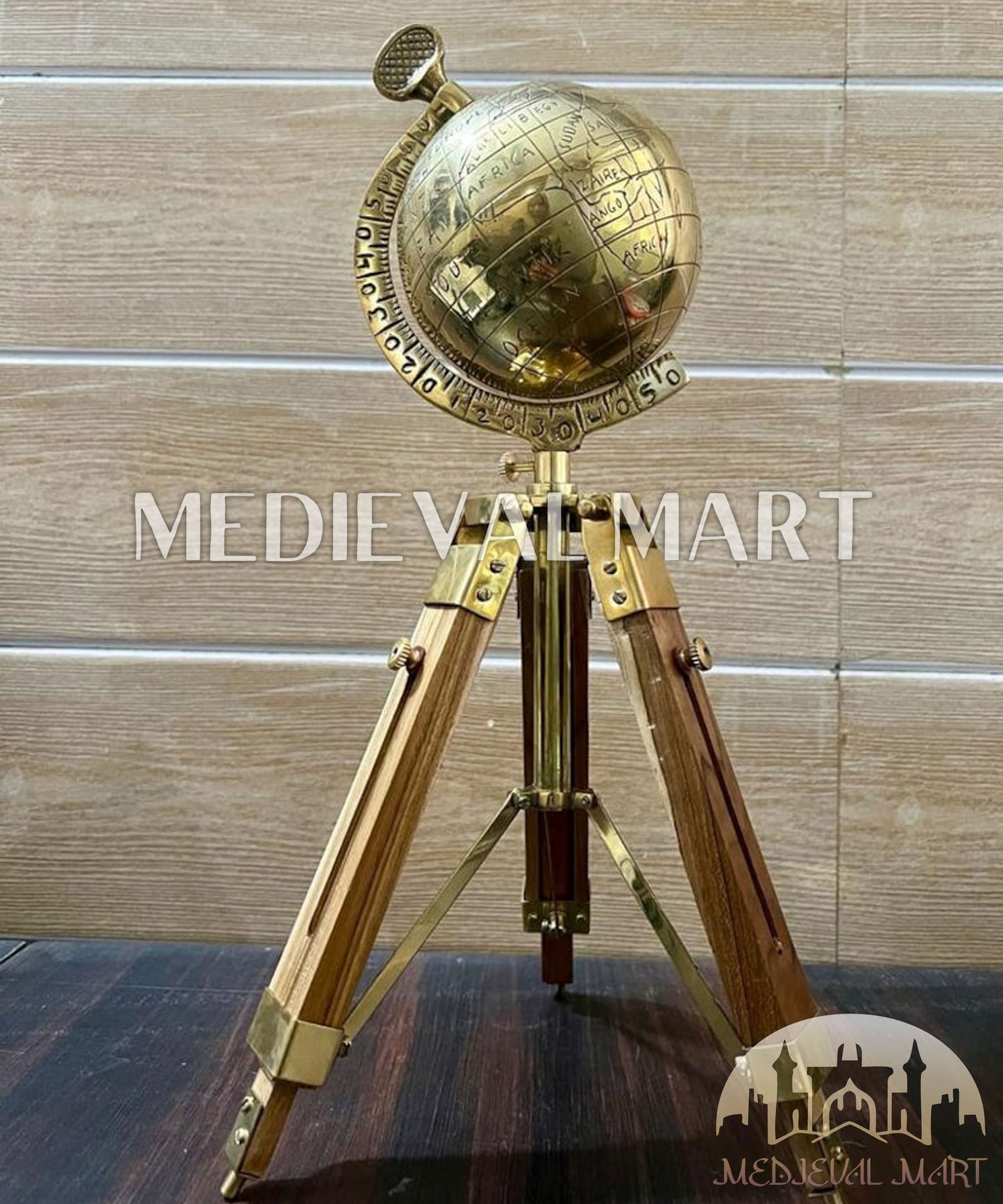 MEDIEVALMART Handmade Brass Armillary Sphere Globe: Wooden Tripod, Nautical Decor Gift for Mom or Dad