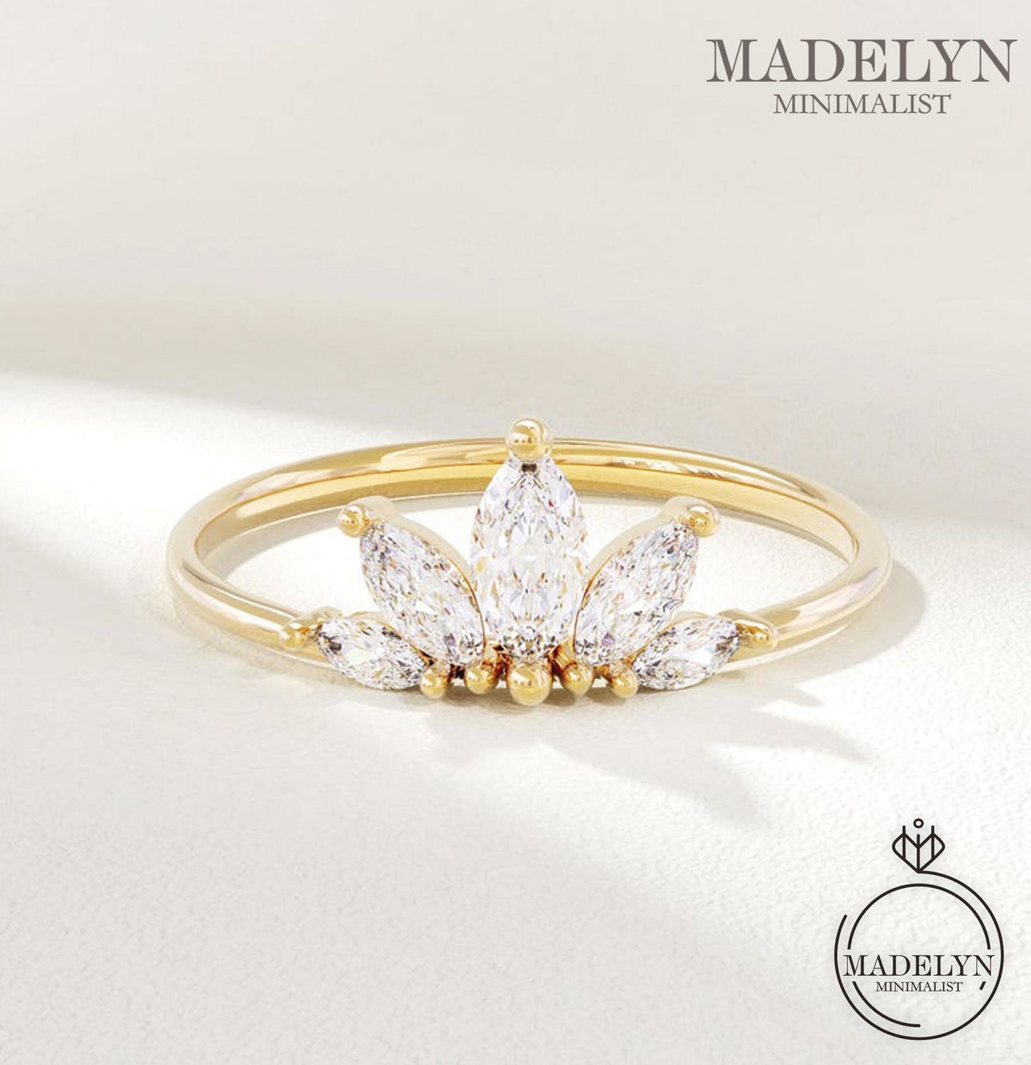 MADELYN MINIMALIST 14k Solid Gold Marquise Dainty Tiara Wedding Ring | Gift For Wife
