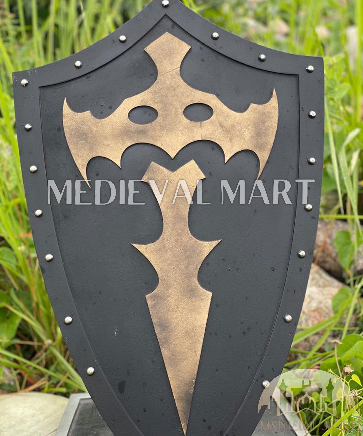 MEDIEVALMART Medieval Templar Bat Inspired Wooden Shield Black & Gold Finish | Gift for Christmas Day