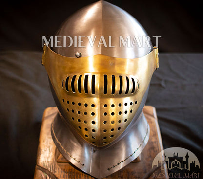 MEDIEVALMART British Ancient Battle Ready Warrior Bicoque Kasten-brust Helmet with Brass Face Mask