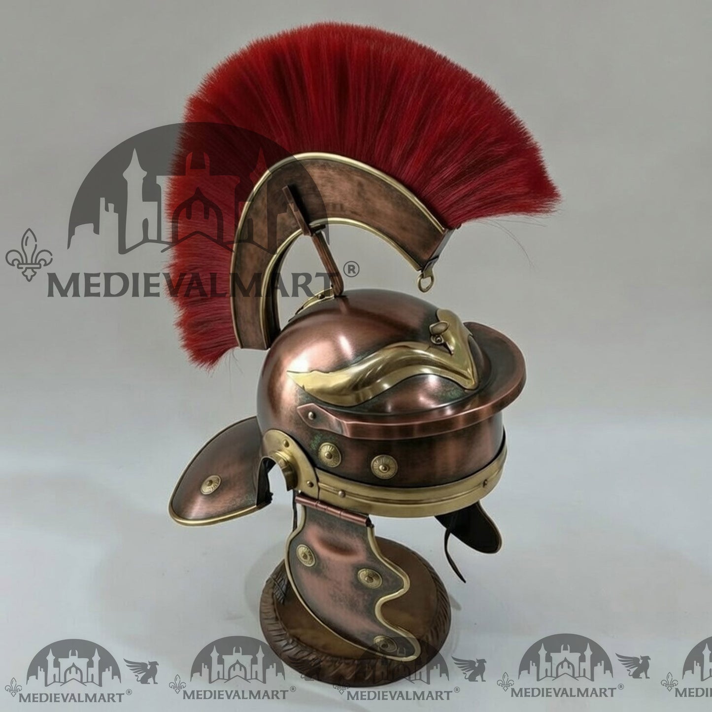 MEDIEVALMART Gallic Roman Centurion Antique Copper Finish Helmet Replica Red Plume with Free Stand