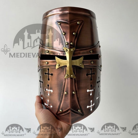 CASQUE MEDIEVALMART spécial chevalier templier croisé finition cuivre antique complète avec support gratuit