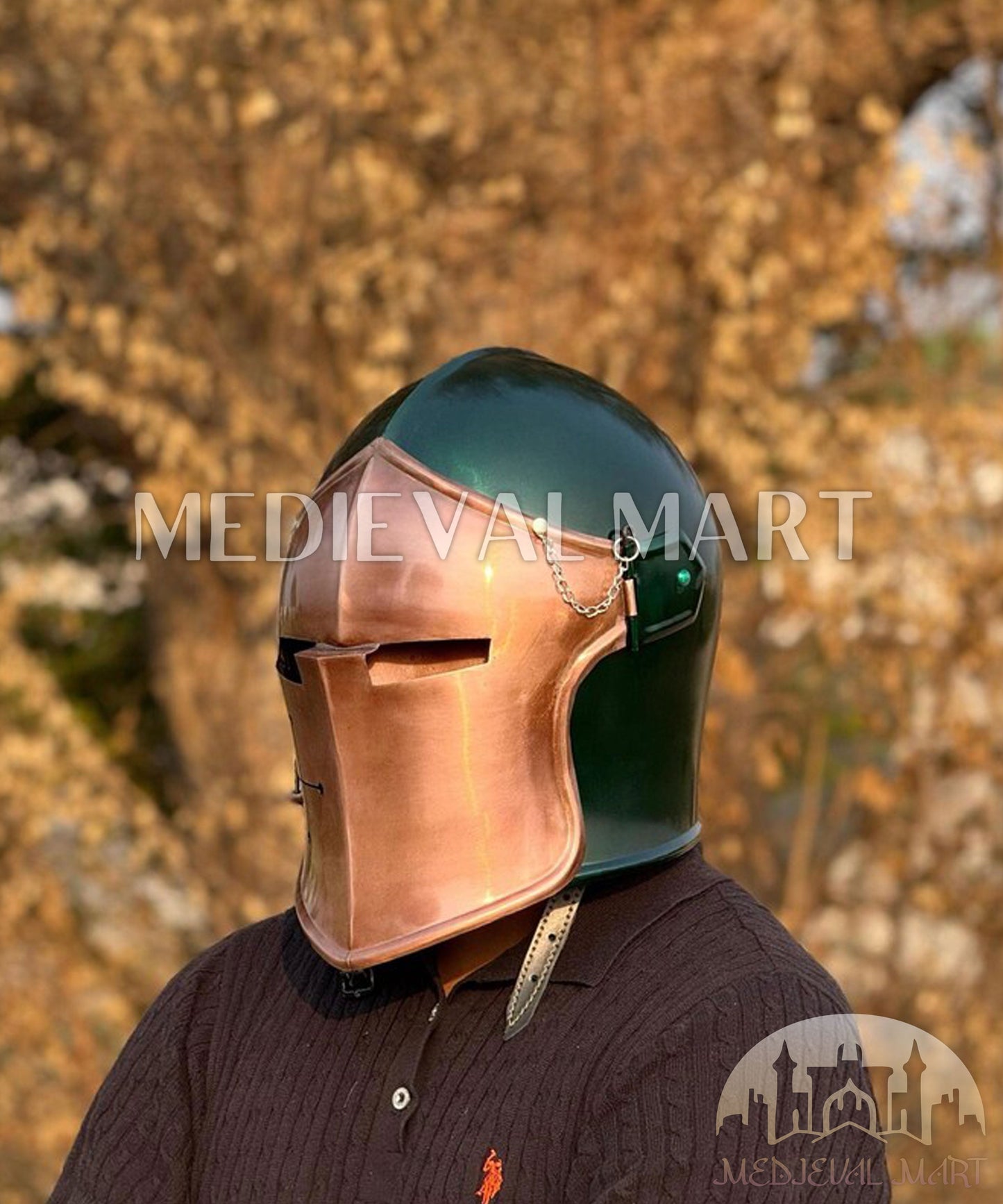 MEDIEVALMART Medieval Knight Armor 18g Mild Steel Copper Green Barbuta Helmet for LARP or Cosplay - Gift For Dad