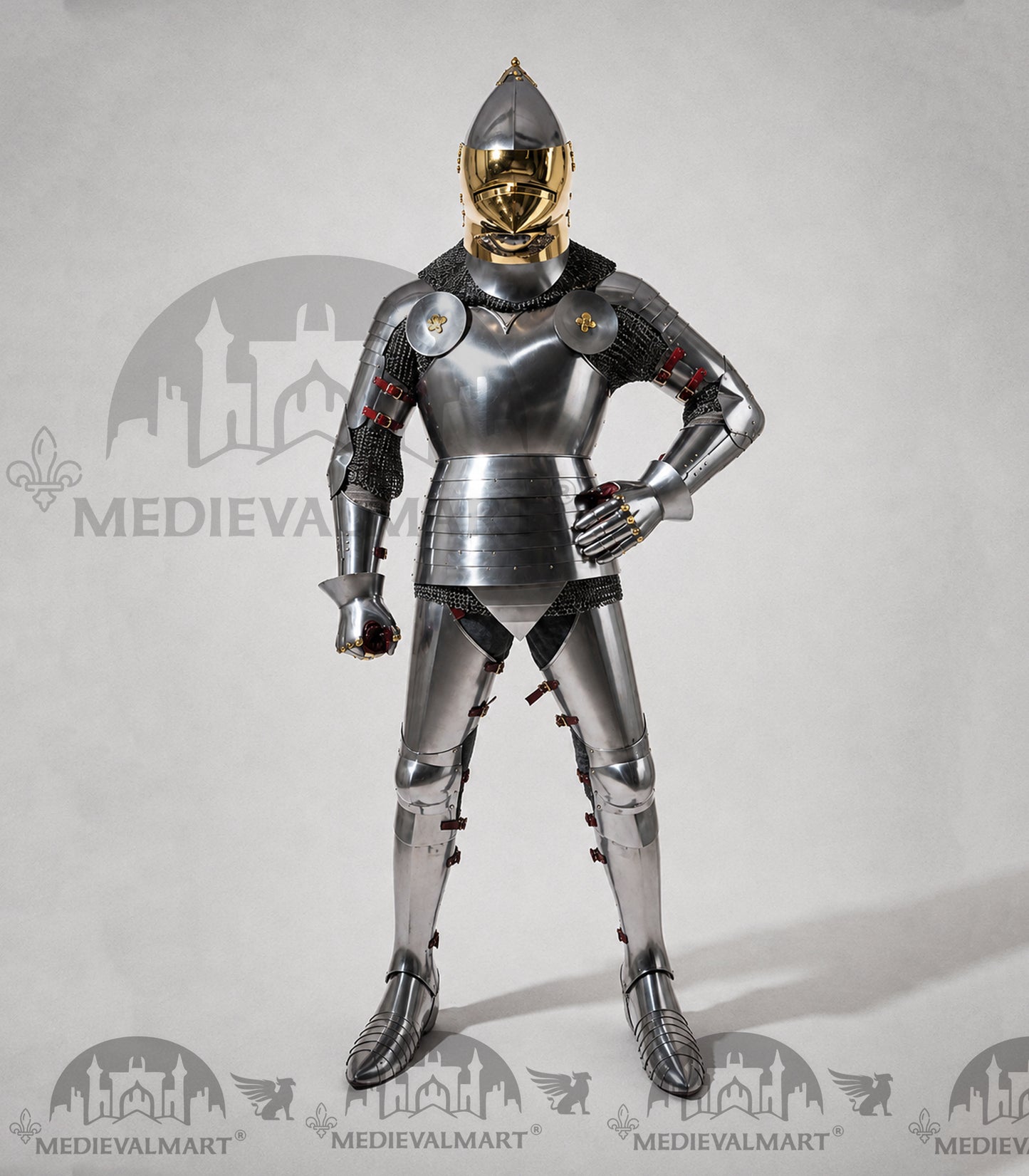 MEDIEVALMART 15th-Century English knight Warrior Gothic Plate Armor Costume W/H Gold Face Hounskull Helmet