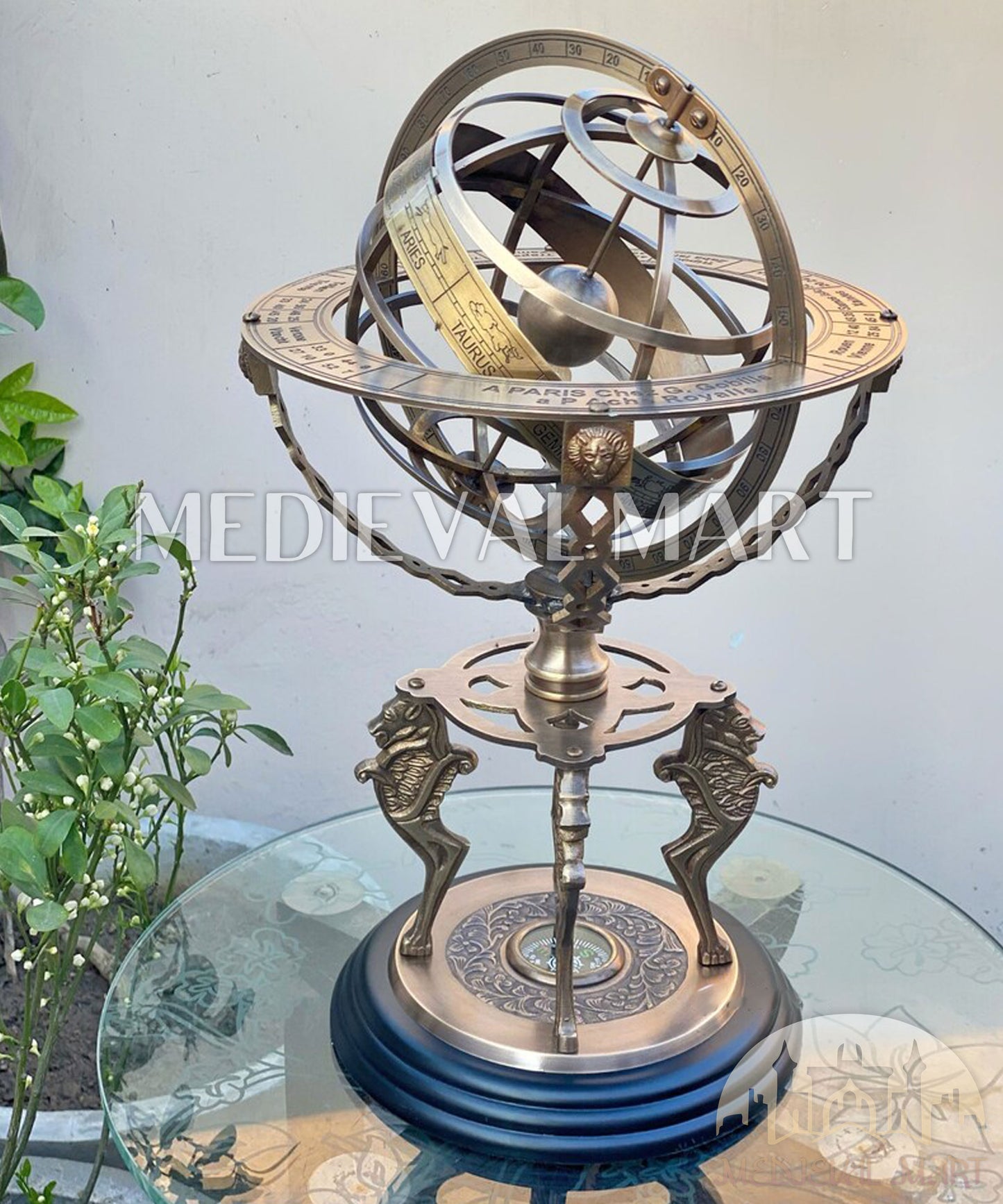 MEDIEVALMART Brass Armillary Sphere Globe: Celestial Navigation Decor with Compass Gift for Mom