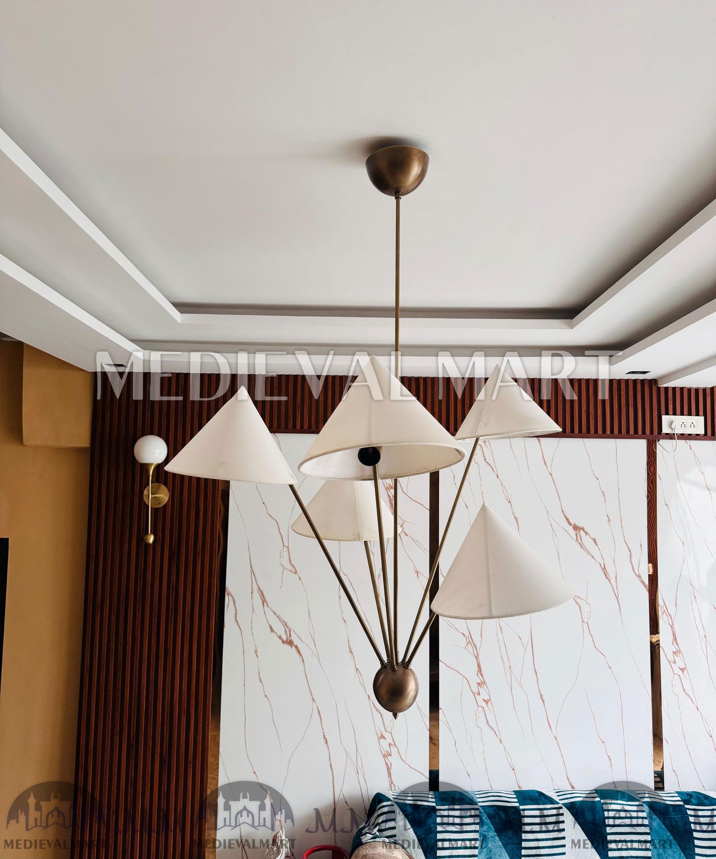 MEDIEVALMART Hand Crafted Brass Sputnik Chandelier with Linen Shades | Modern 5 Arm Chandelier Light Fixture
