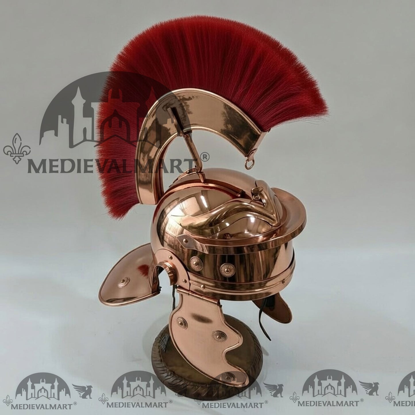 MEDIEVALMART Gallic Roman Centurion Copper Finish Helmet Replica Red Plume with Free Stand