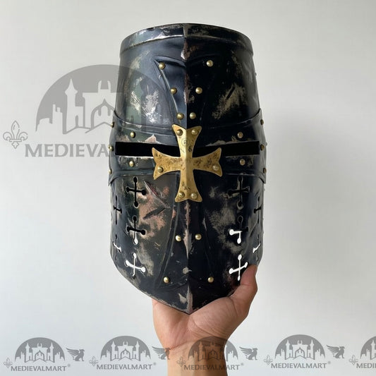 MEDIEVALMART Casque de Chevalier Croisé Templier de Bataille Endommagé Finition Noire Avec Support Gratuit