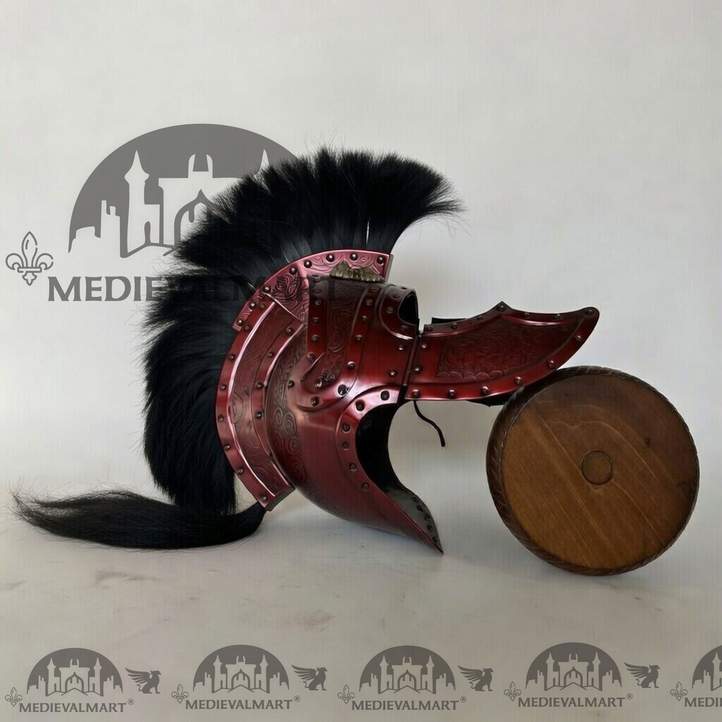 MEDIEVALMART Medieval Roman Centurion Maroon Red Finish Helmet with Black Plume or Free Wooden Stand
