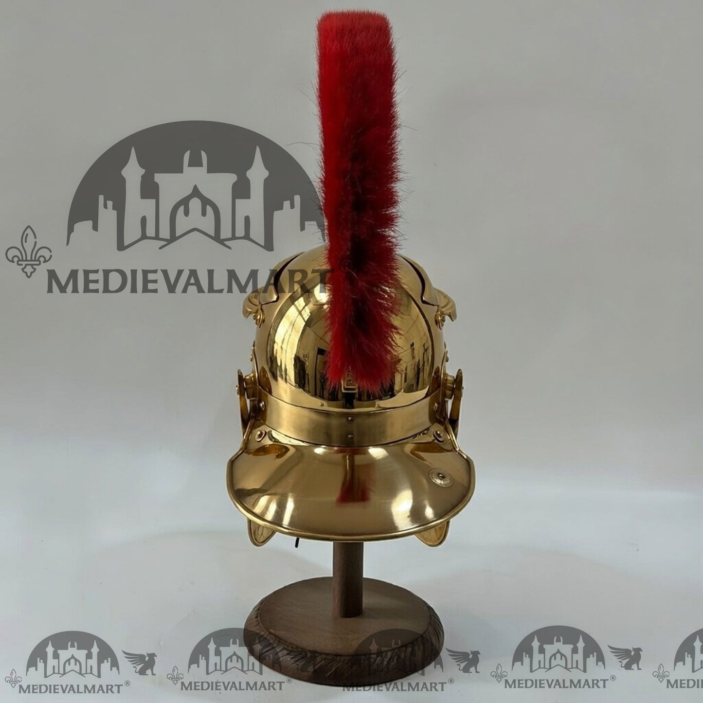 MEDIEVALMART Gallic Roman Centurion Gold Finish Helmet Replica Red Plume with Free Stand