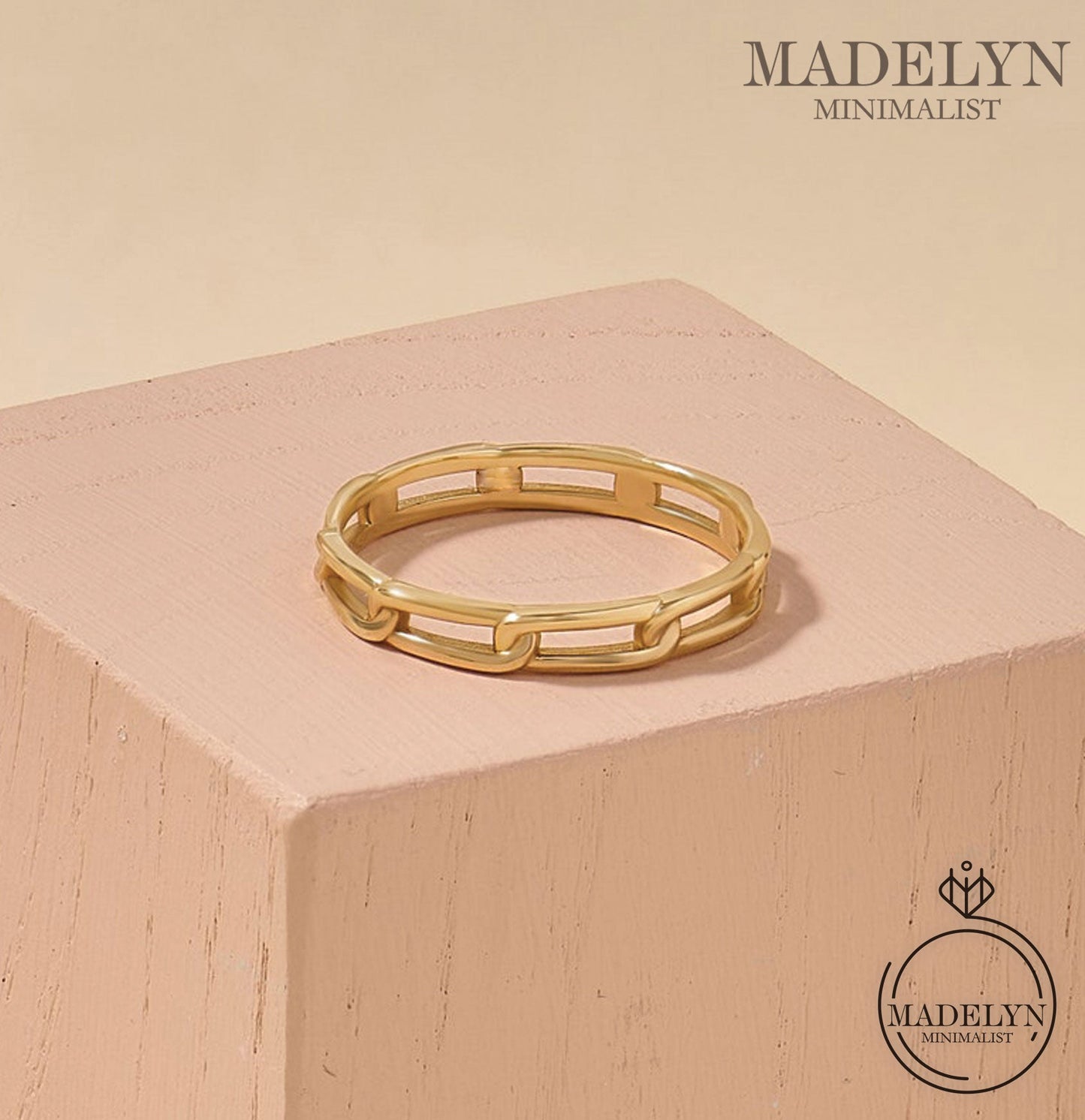MADELYN MINIMALIST 14k Solid Gold Chained Modern Simple Marriage Ring | Gift for Her, Wife