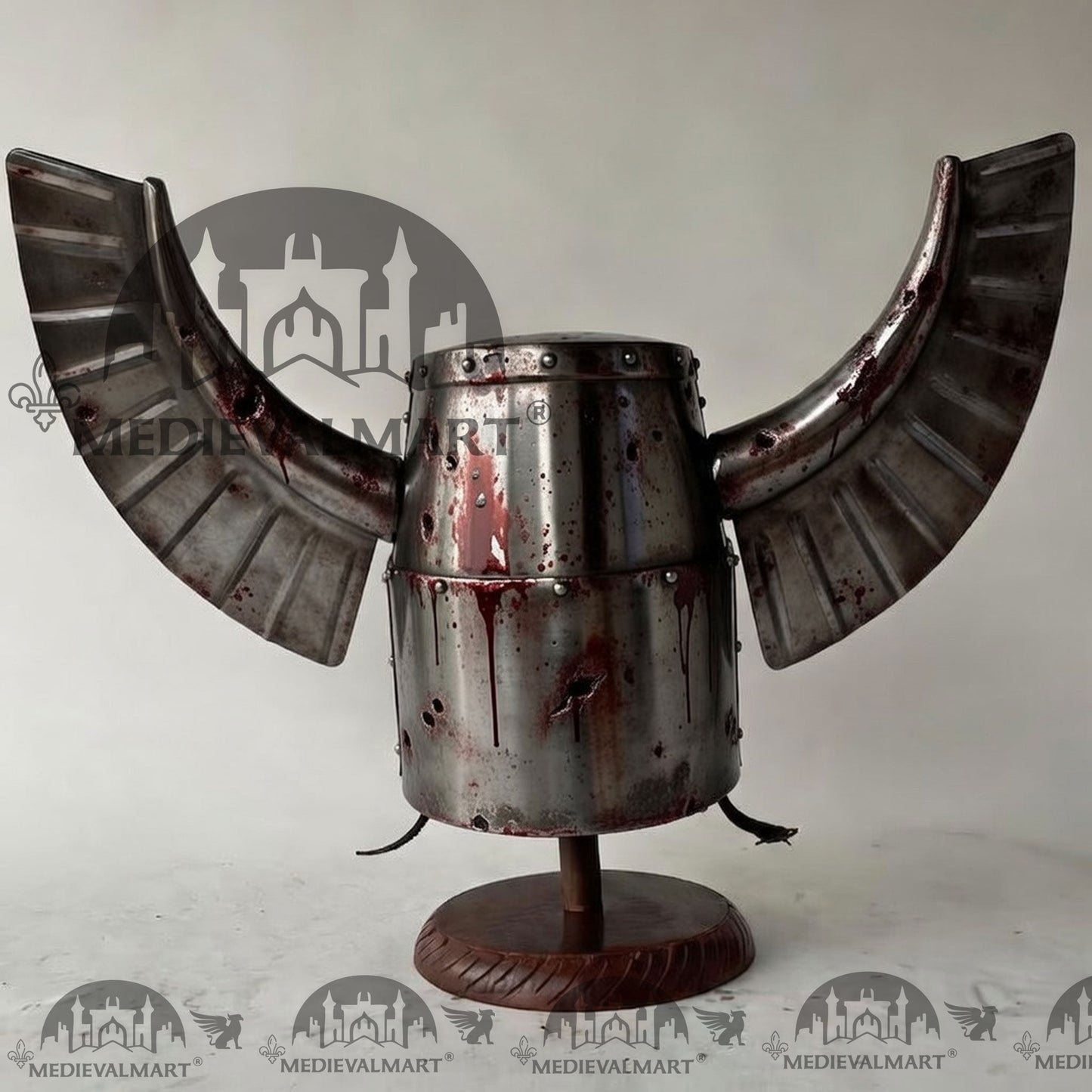 MEDIEVALMART Medieval Templar Warrior Teutonic Damage Silver W/H Blood Finish Wing Helmet with Free Stand