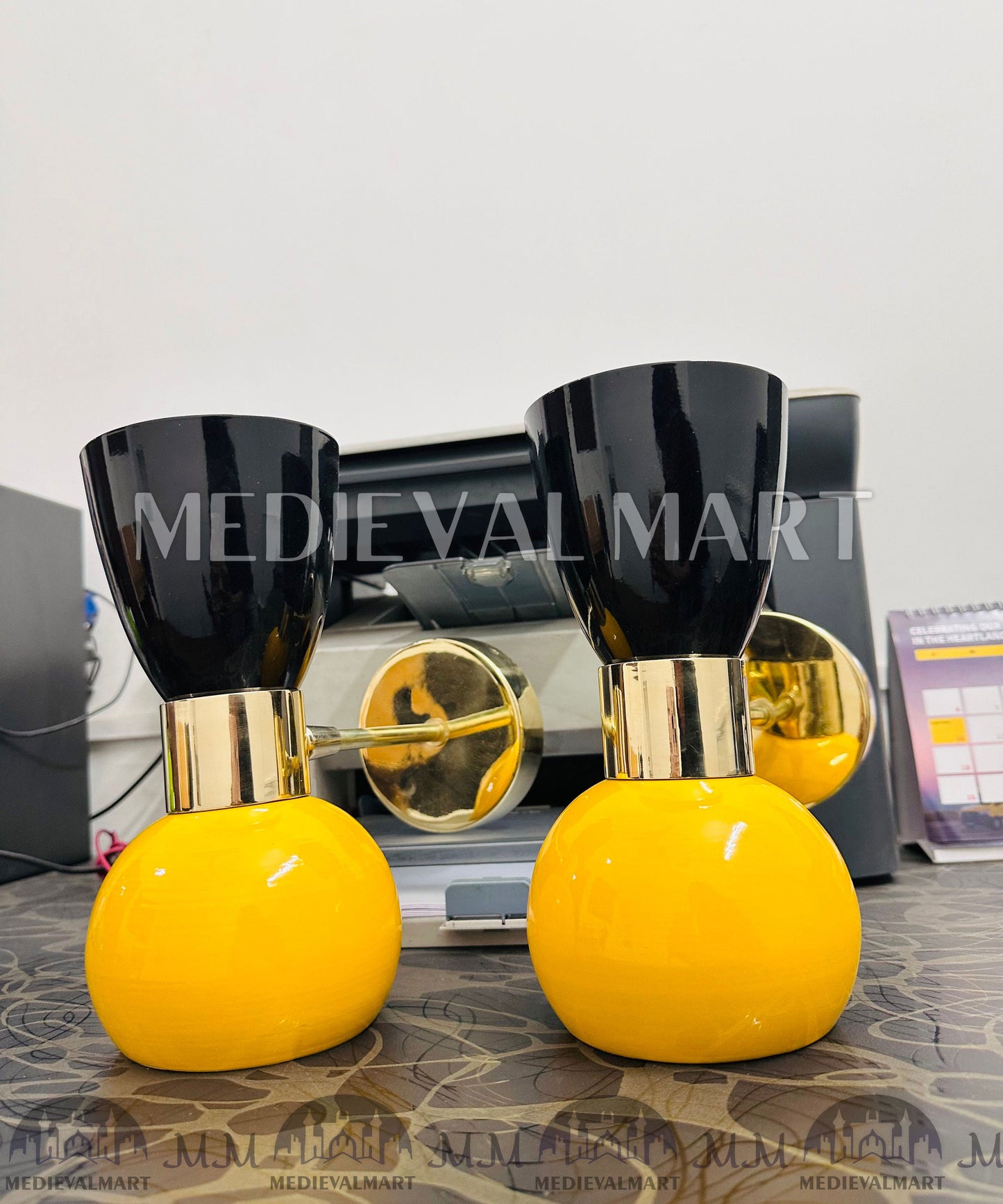 MEDIEVALMART Mid Century Italian Diabolo Wall Sconce Pair: Marigold & Black Bedside Lamps