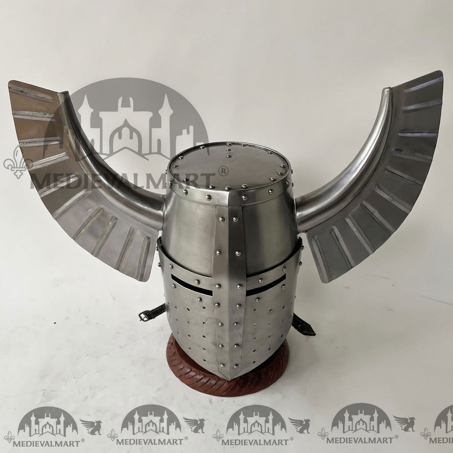 MEDIEVALMART Medieval Templar Warrior Teutonic Wing Helmet Silver Finish with Free Stand