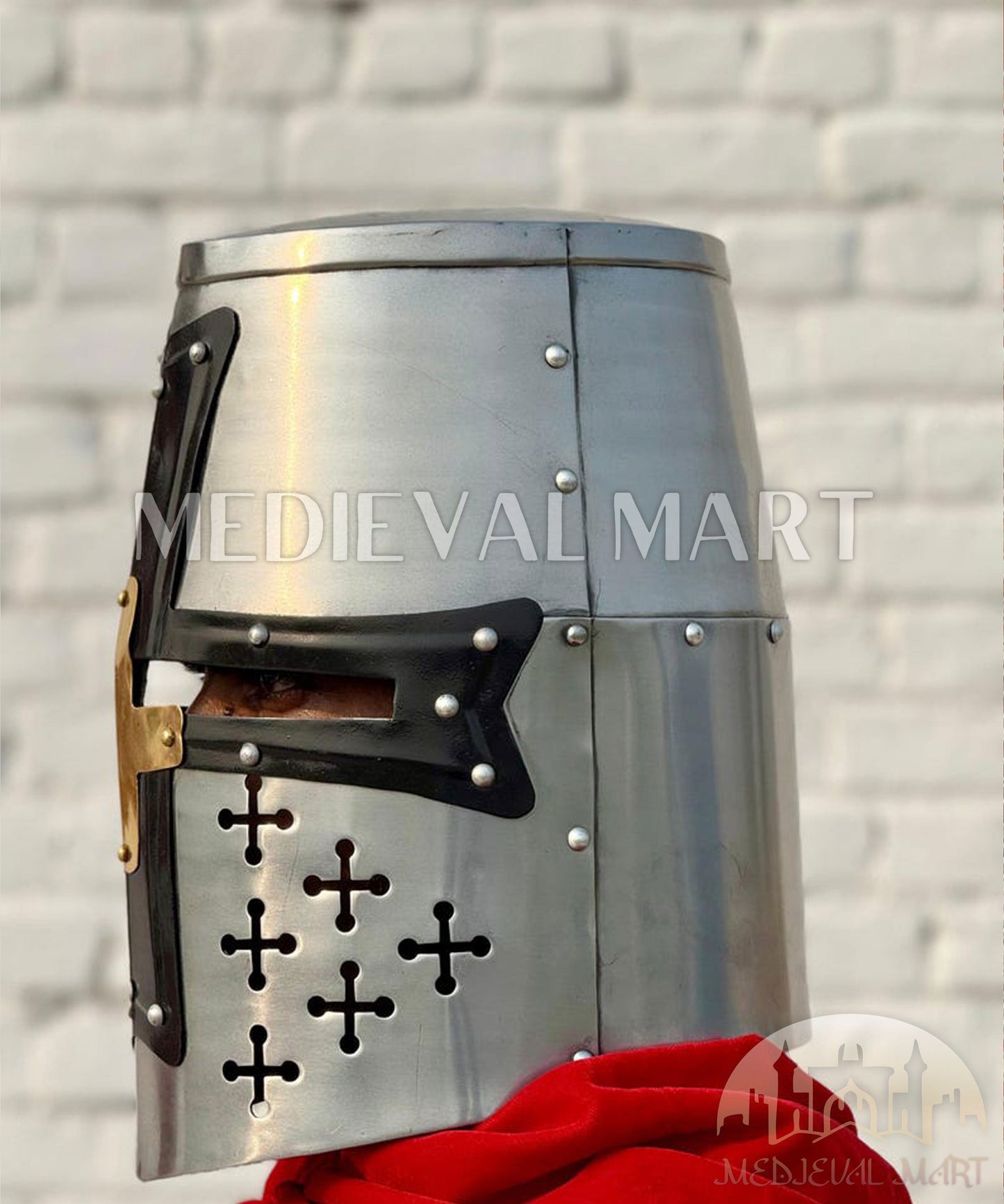 MEDIEVALMART Medieval Great Templar Crusader Knight Helmet W/H Black & Brass Deco for LARP or Cosplay - Gift For Dad