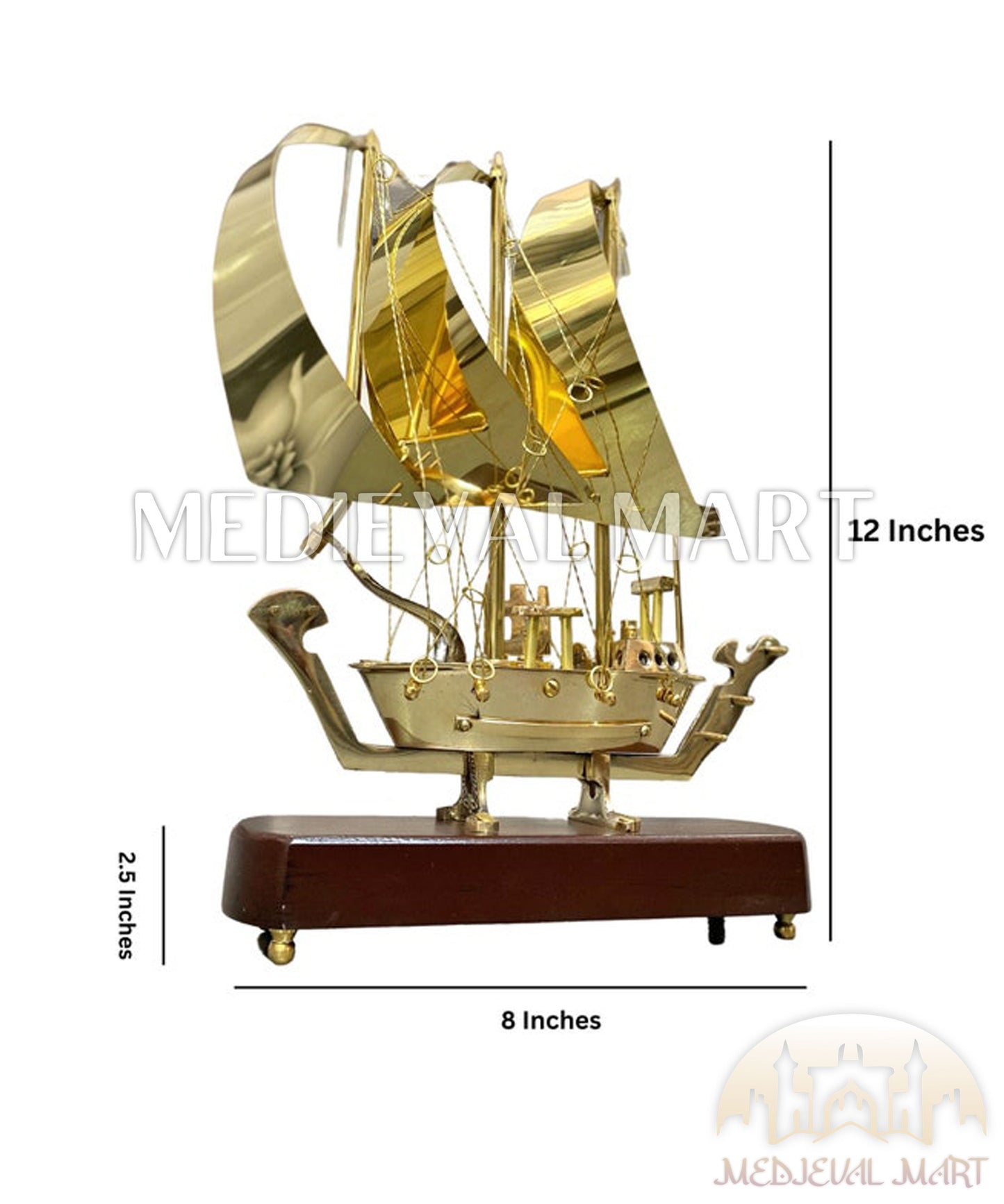 MEDIEVALMART Brass Decorative Ship W/H Wooden Base | Fully Brass Maritime Majesty Handcrafted Ship, Christmas Gifts