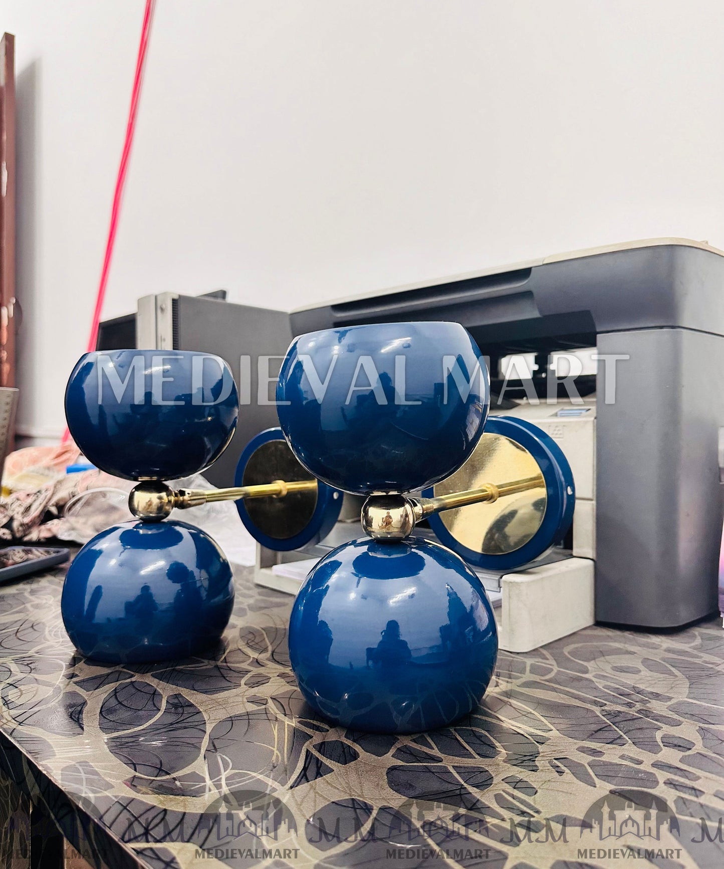 MEDIEVALMART Mid-Century Italian Brass Diabolo Wall Sconce Pair - Blue Lamp (Set of 2)