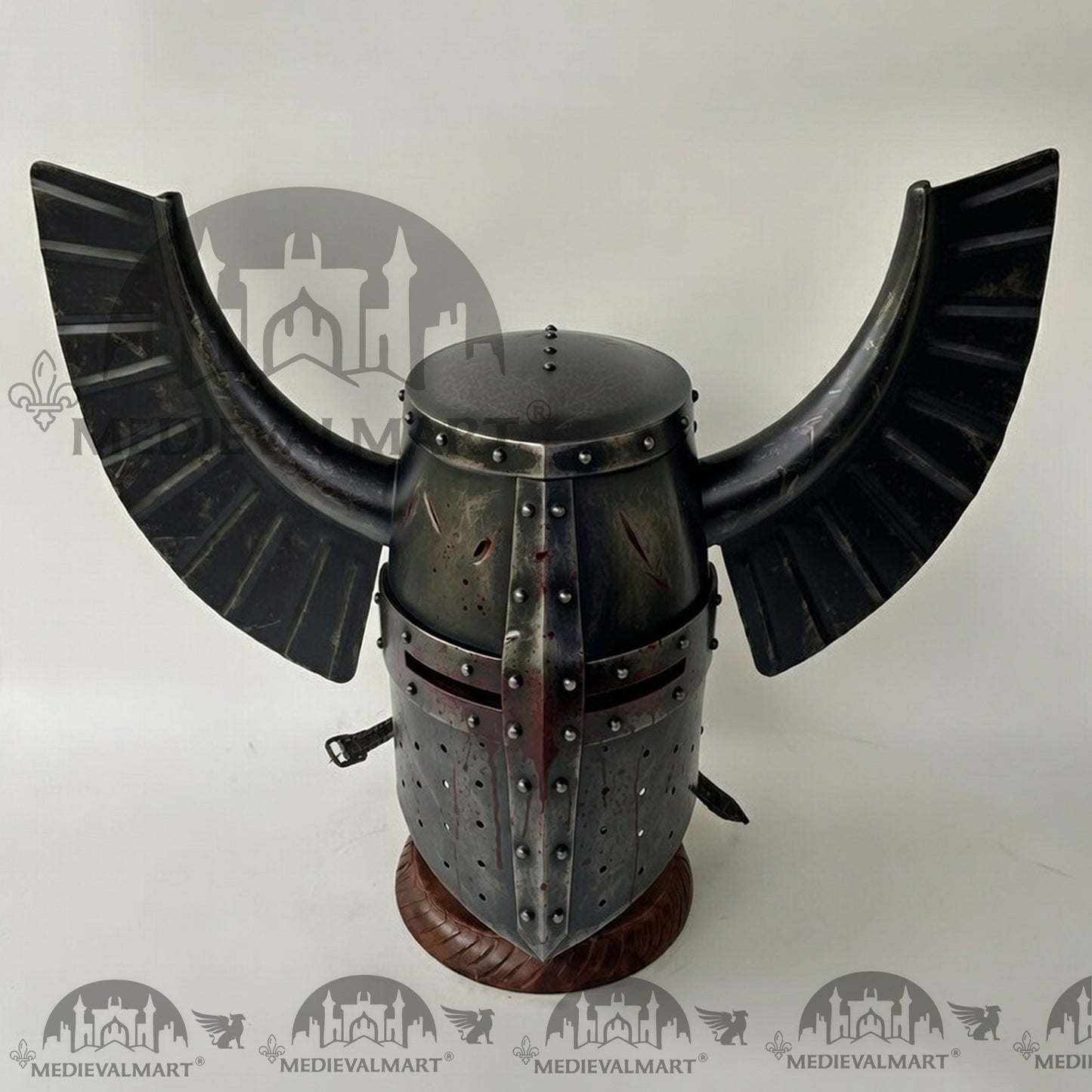 MEDIEVALMART Medieval Templar Warrior Teutonic Damage Black W/H Blood Finish Wing Helmet with Free Stand