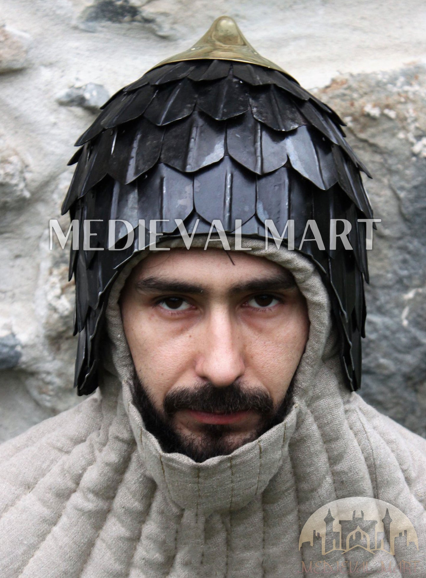 MEDIEVALMART Medieval Historical Scaled Skull Cap Helmet W/H Antique Black Polished & Carbon Steel
