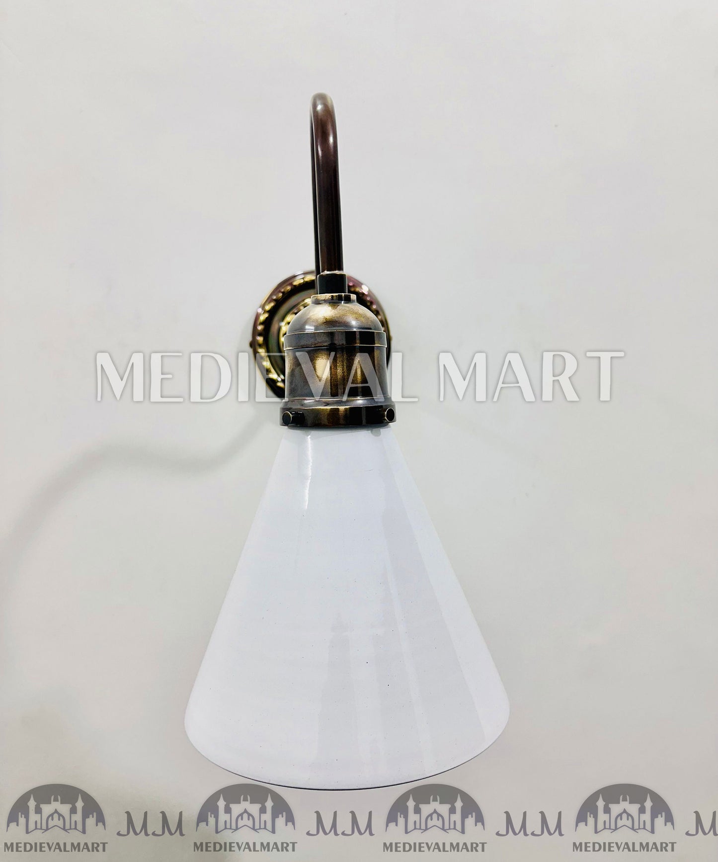 MEDIEVALMART Mid Century Modern Brass Diabolo Wall Lamp - White Glass Sconce