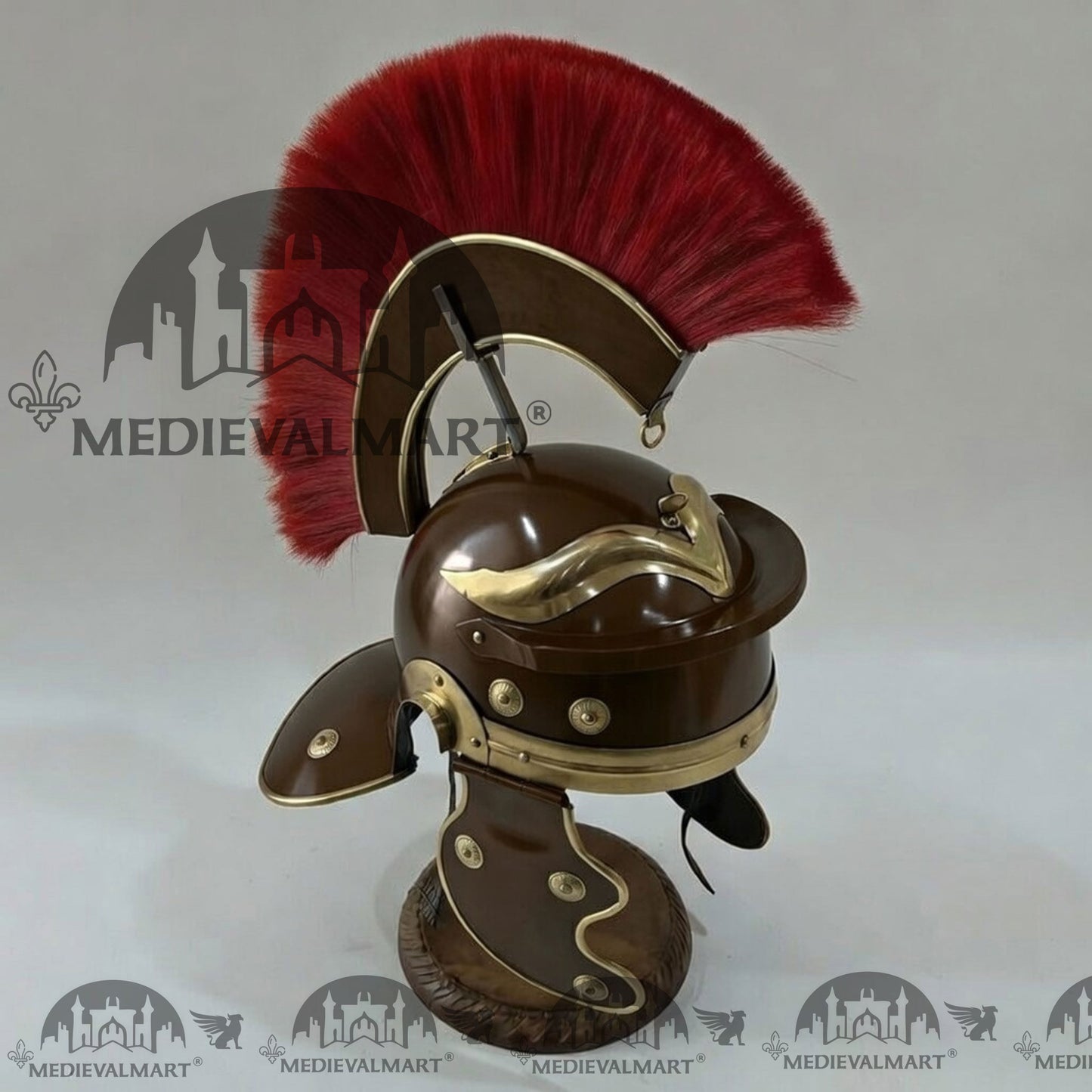 MEDIEVALMART Gallic Roman Centurion Brown Finish Helmet Replica Red Plume with Free Stand