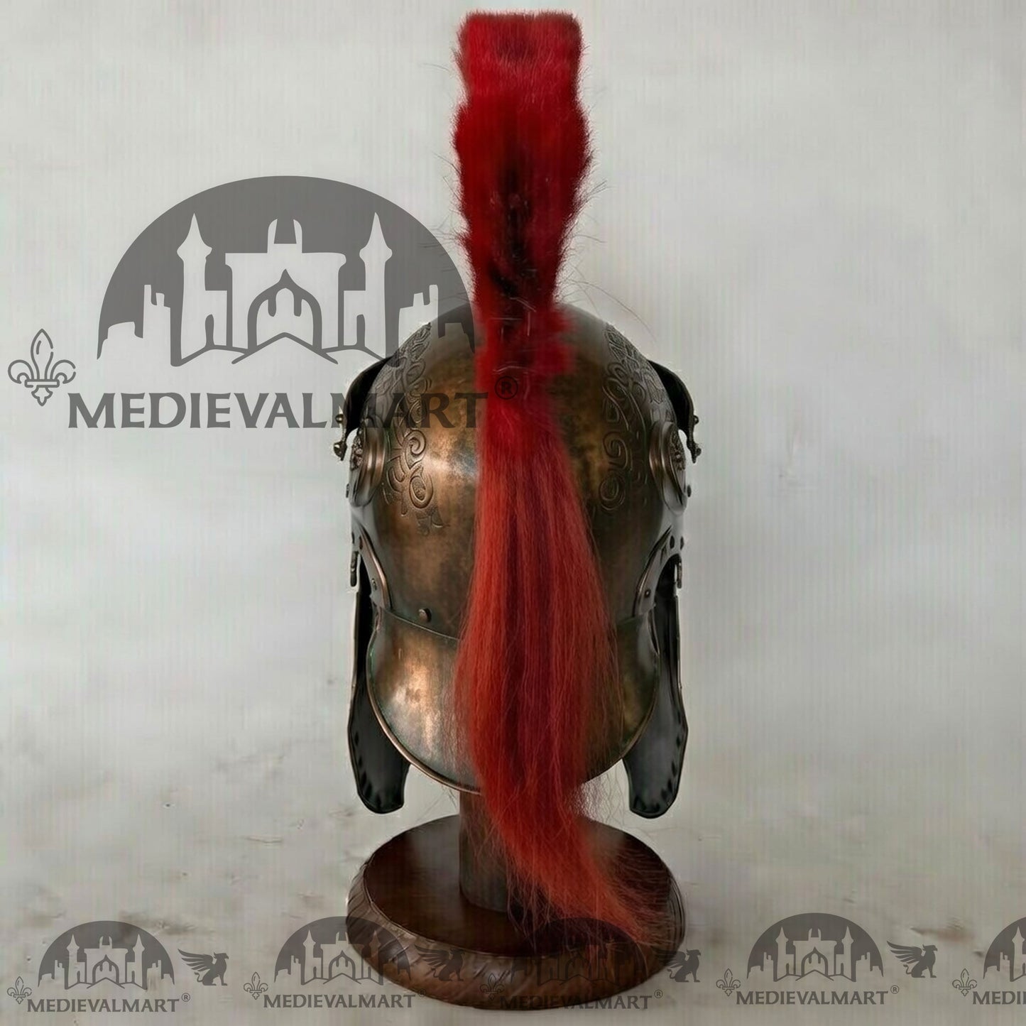 MEDIEVALMART Medieval Roman Centurion Antique Bronze Finish Helmet with Red Plume or Free Wooden Stand