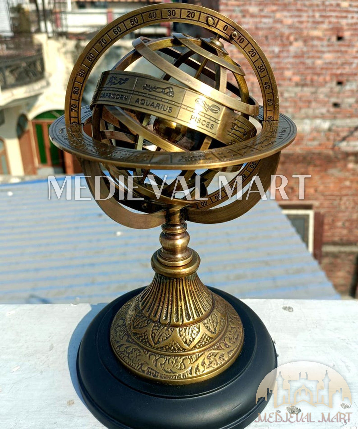 MEDIEVALMART Handmade Brass Armillary Globe Engraved Zodiac Astrolabe on Wooden Base Gift For Christmas Day