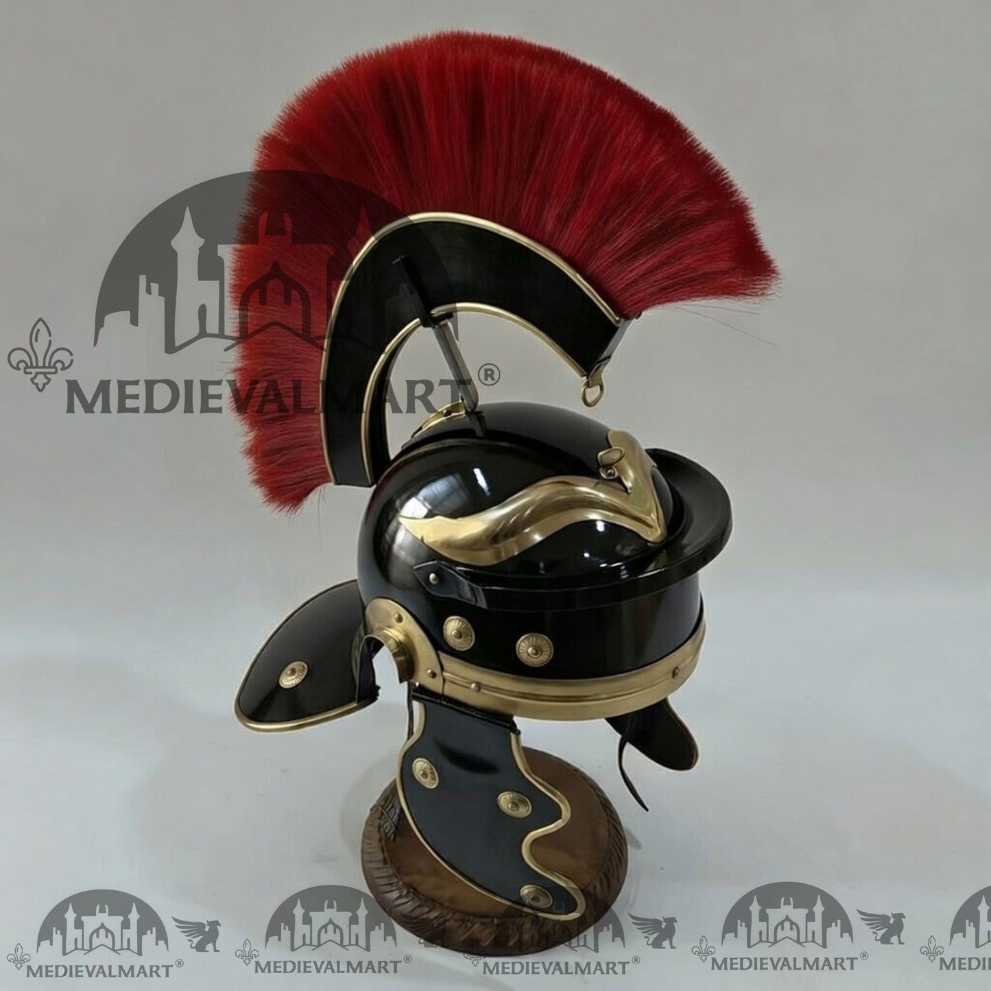 MEDIEVALMART Gallic Roman Centurion Black Finish Helmet Replica Red Plume with Free Stand