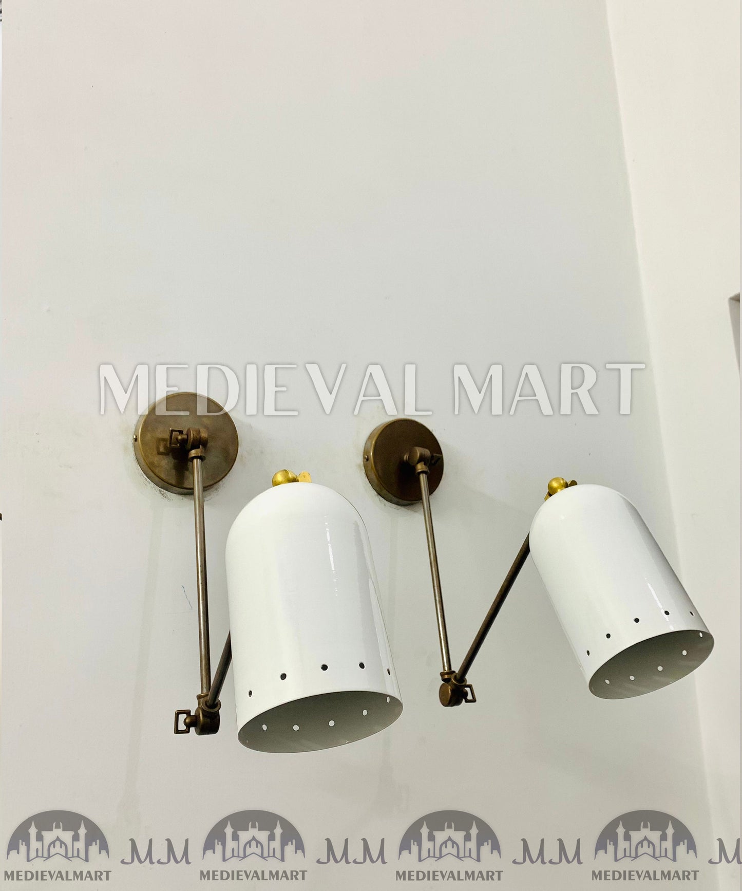 MEDIEVALMART Mid Century Italian Brass Diabolo Wall Sconce Pair - White 1950s Lighting