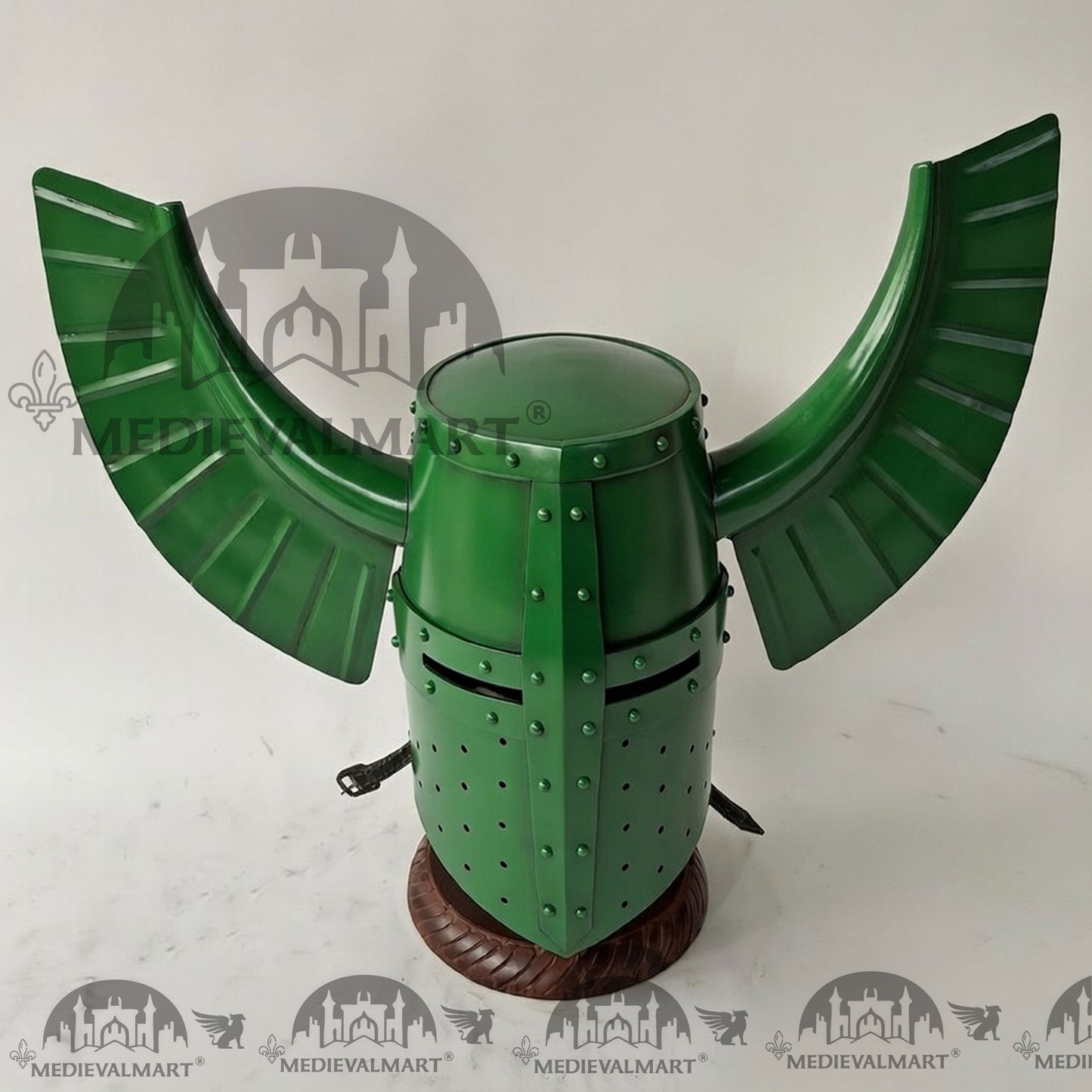 MEDIEVALMART Medieval Templar Warrior Teutonic Green Finish Wing Helmet with Free Stand