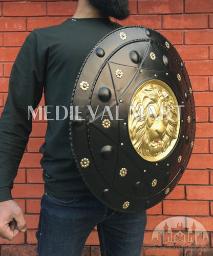 MEDIEVALMART Medieval Lion Face Spartan Shield W/H Black Finish | Gift For Dad