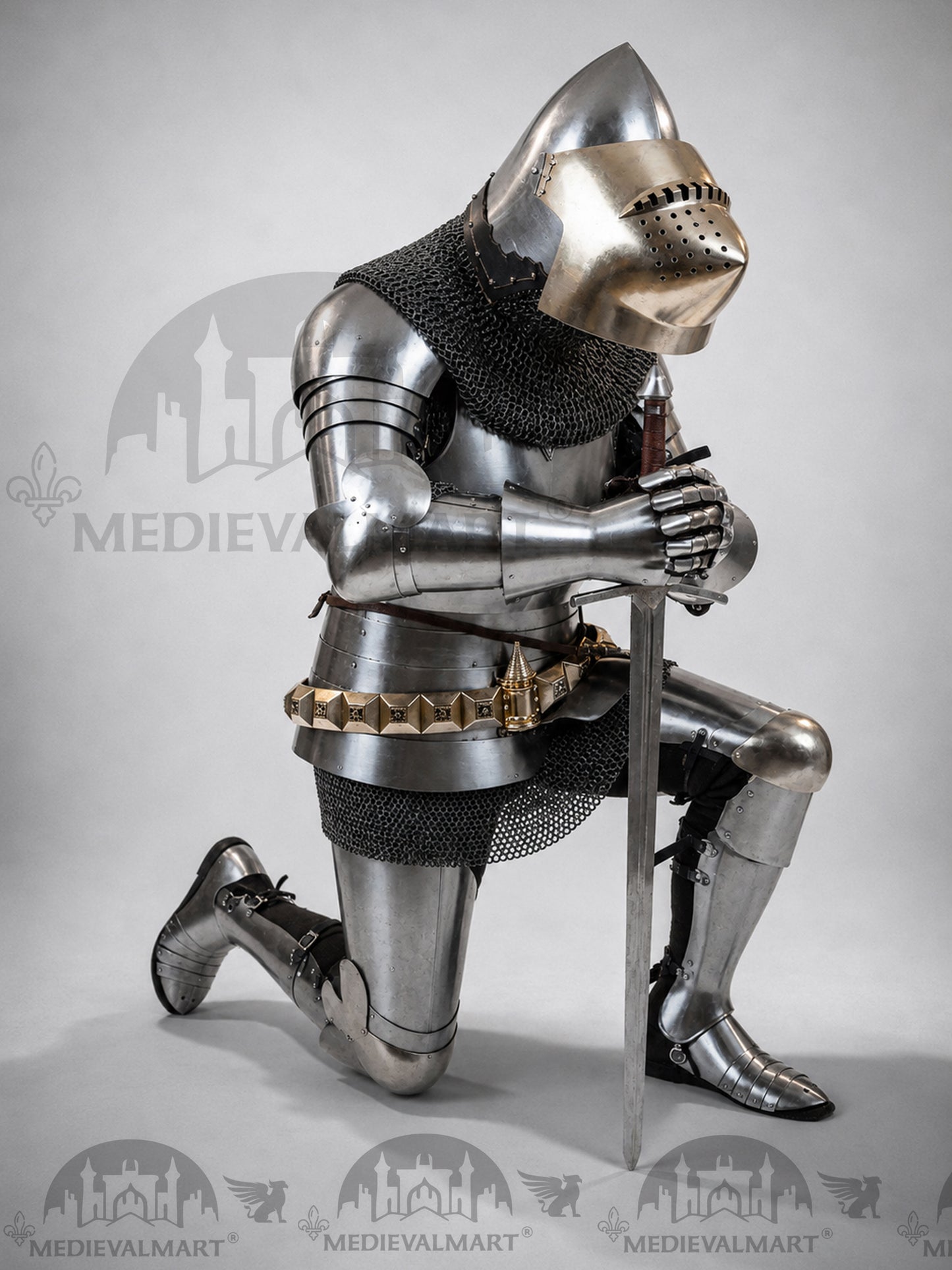 MEDIEVALMART Historical Knight Full Body Steel Armor Suit W/H Hundsgugel Helmet, Cuirass Stop Rib or Brass Touch