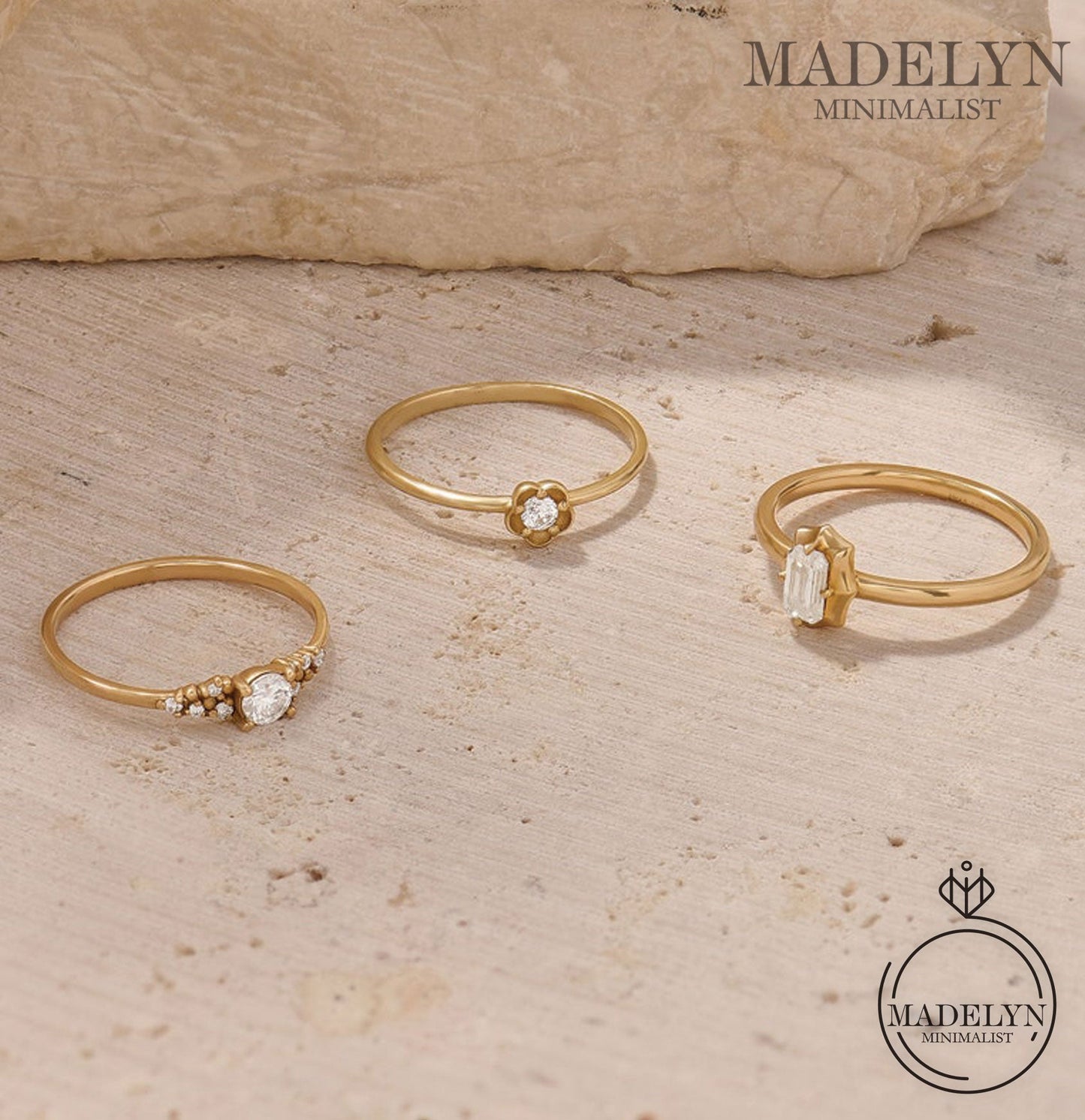 MADELYN MINIMALIST 14k Solid Gold Baguette Dainty Solitaire Engagement Ring for Women | Gift For Her Birthday