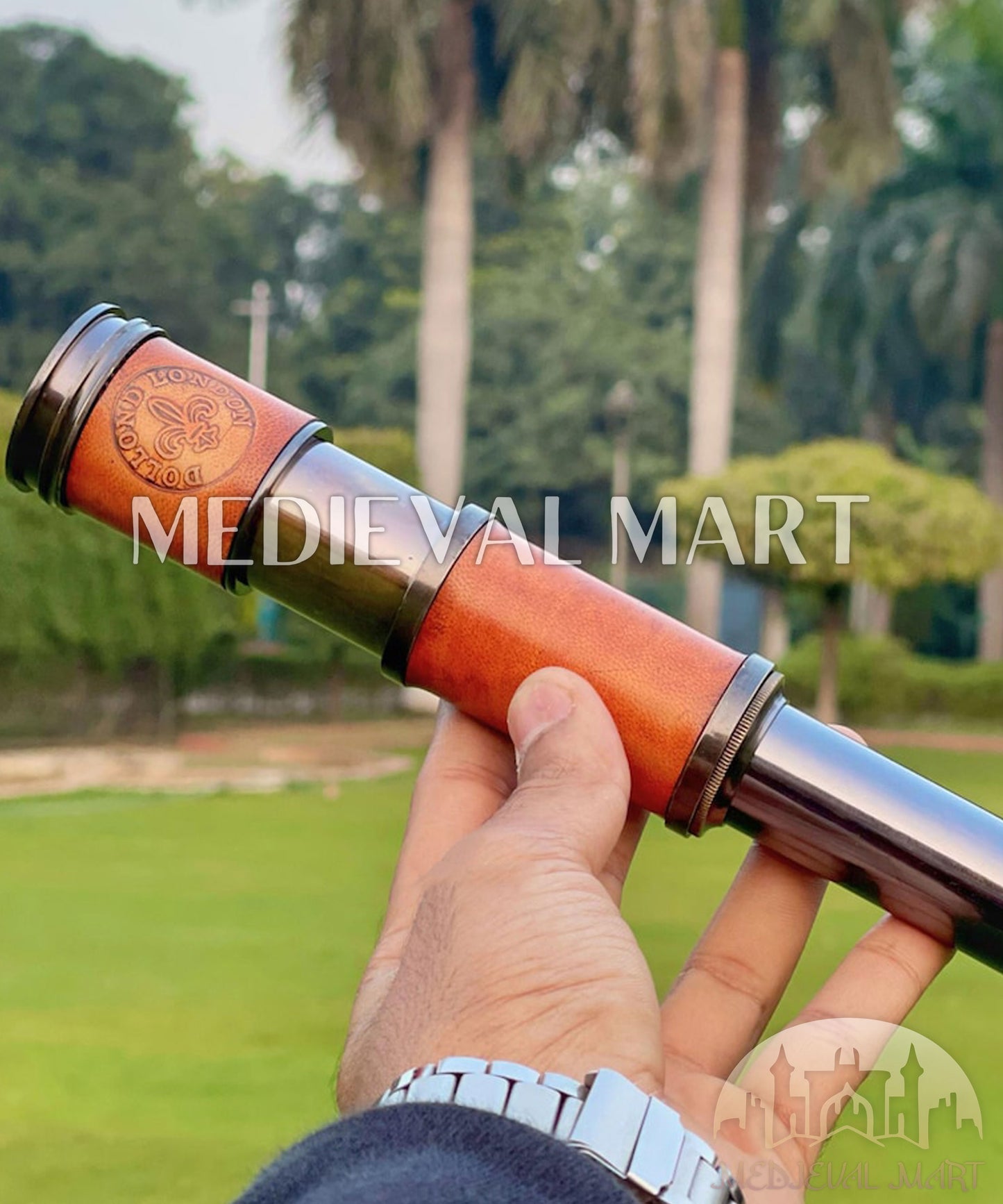 MEDIEVALMART Nautical Spyglass Antique Brass Engraved Telescope W/H Red Leather Case