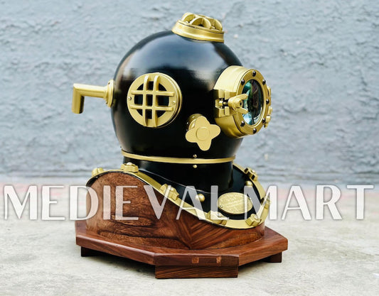 MEDIEVALMART Black Finish Diving Helmet With Wooden Base