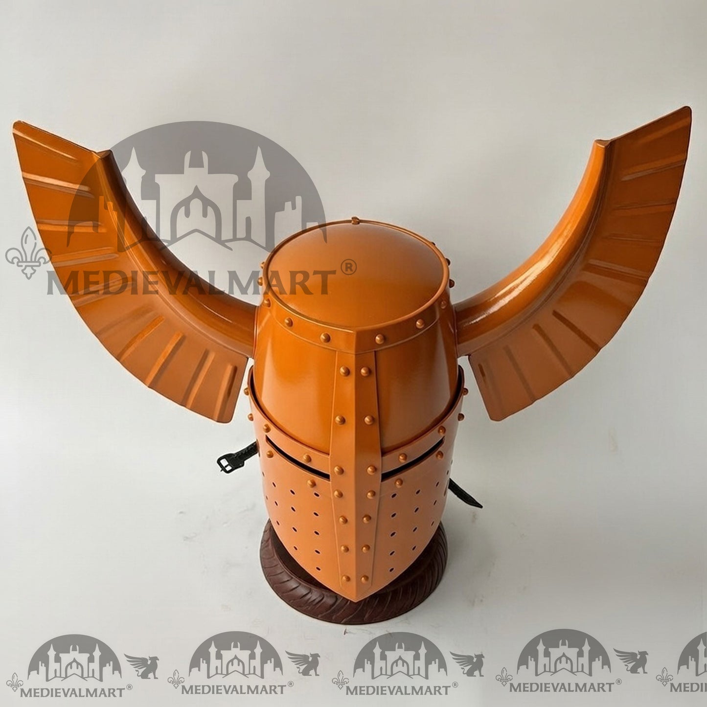 MEDIEVALMART Medieval Templar Warrior Teutonic Orange Finish Wing Helmet with Free Stand